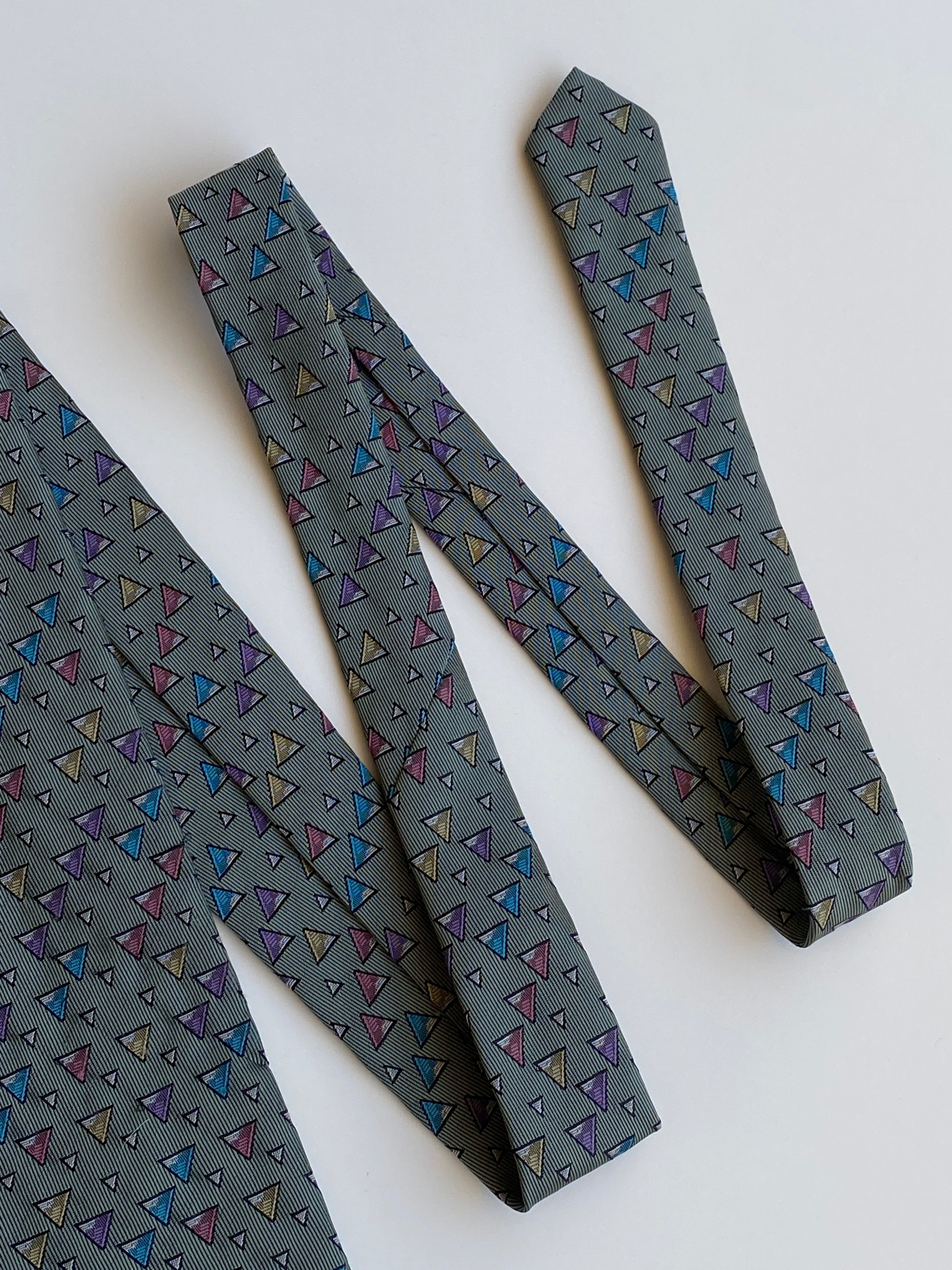 Vintage 1990s Grey Multicolor Geometric Triangle Polyester Necktie