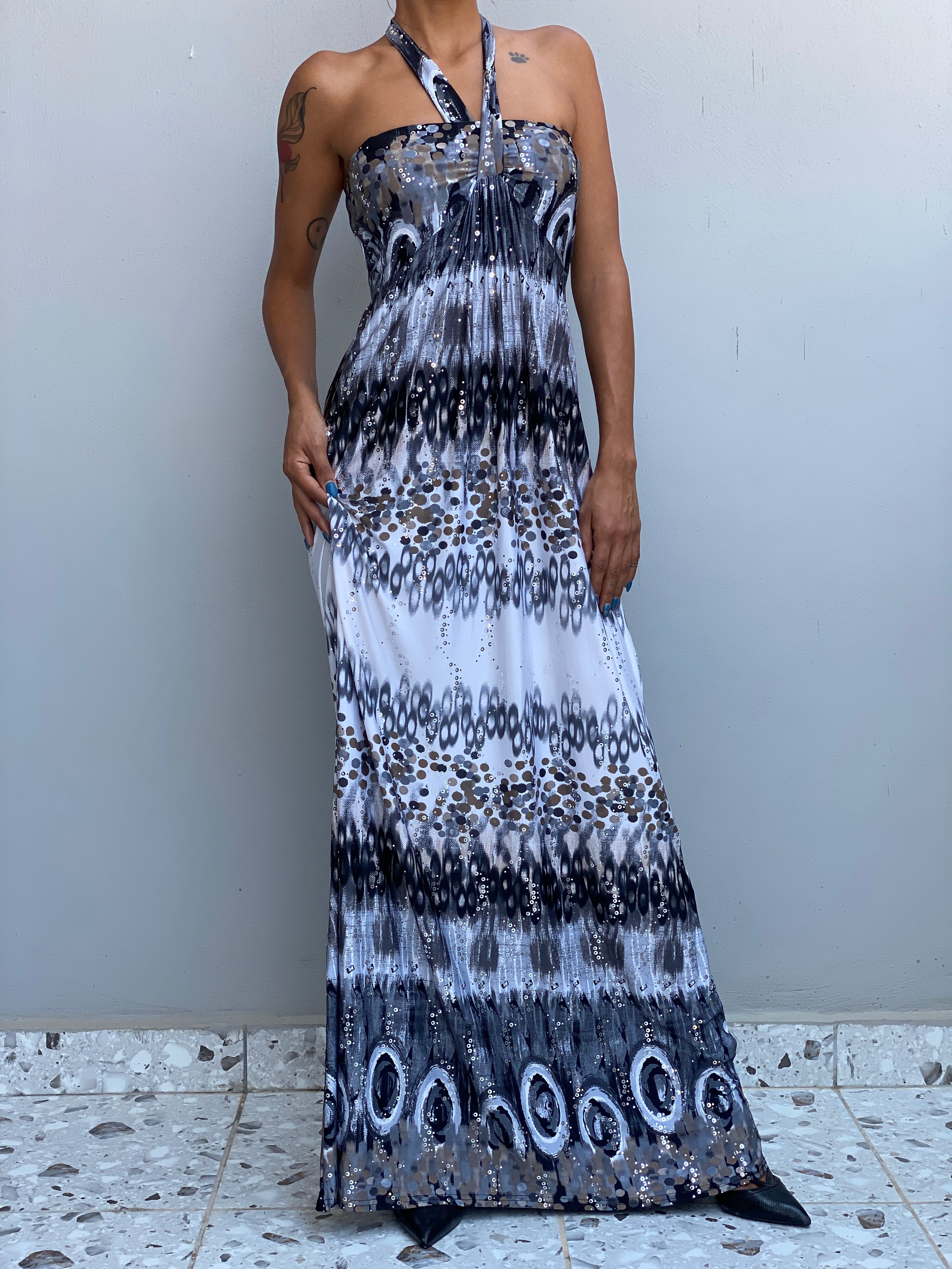 Vintage Y2K Evita Grey Black Sequin Halter Neck Maxi Dress - S