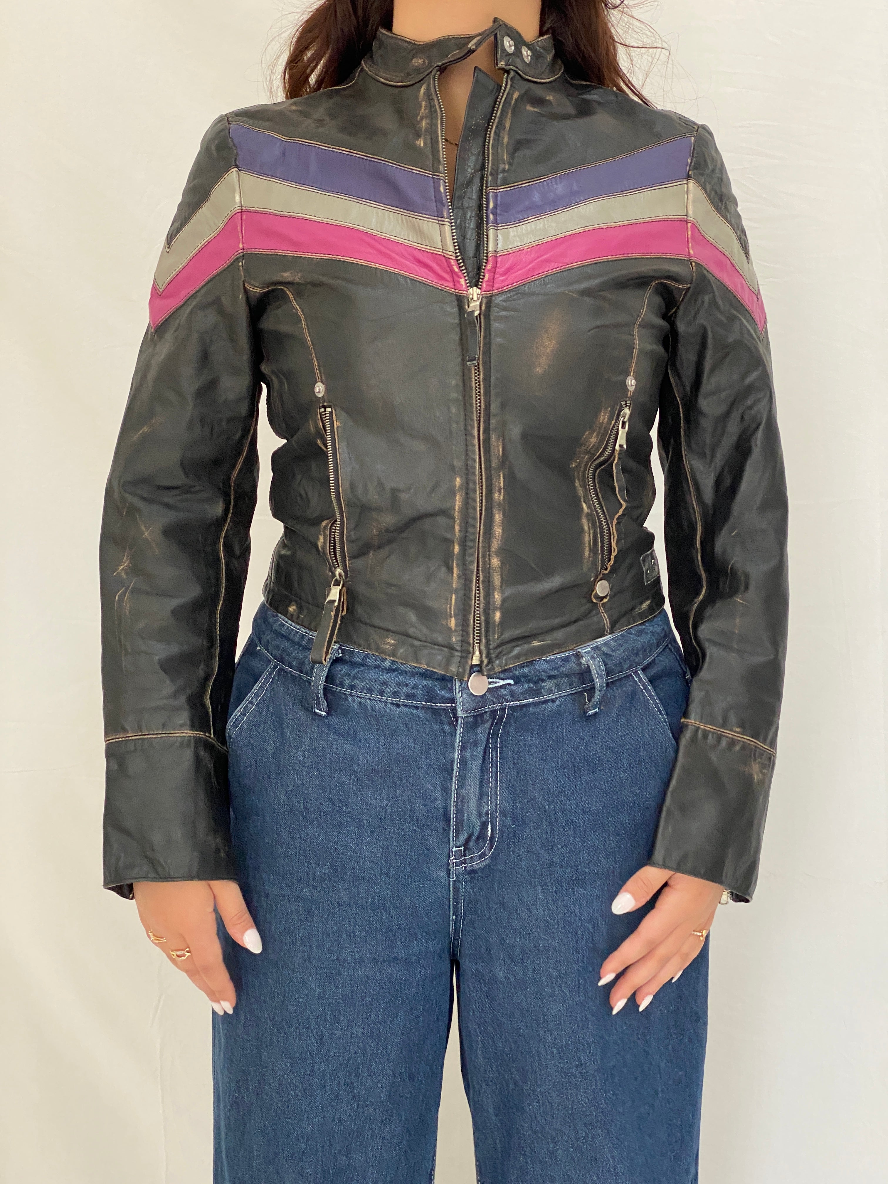 Vintage Miss Sixty Distressed Genuine Leather Moto Jacket Y2K Chevron Colorblock Biker - M