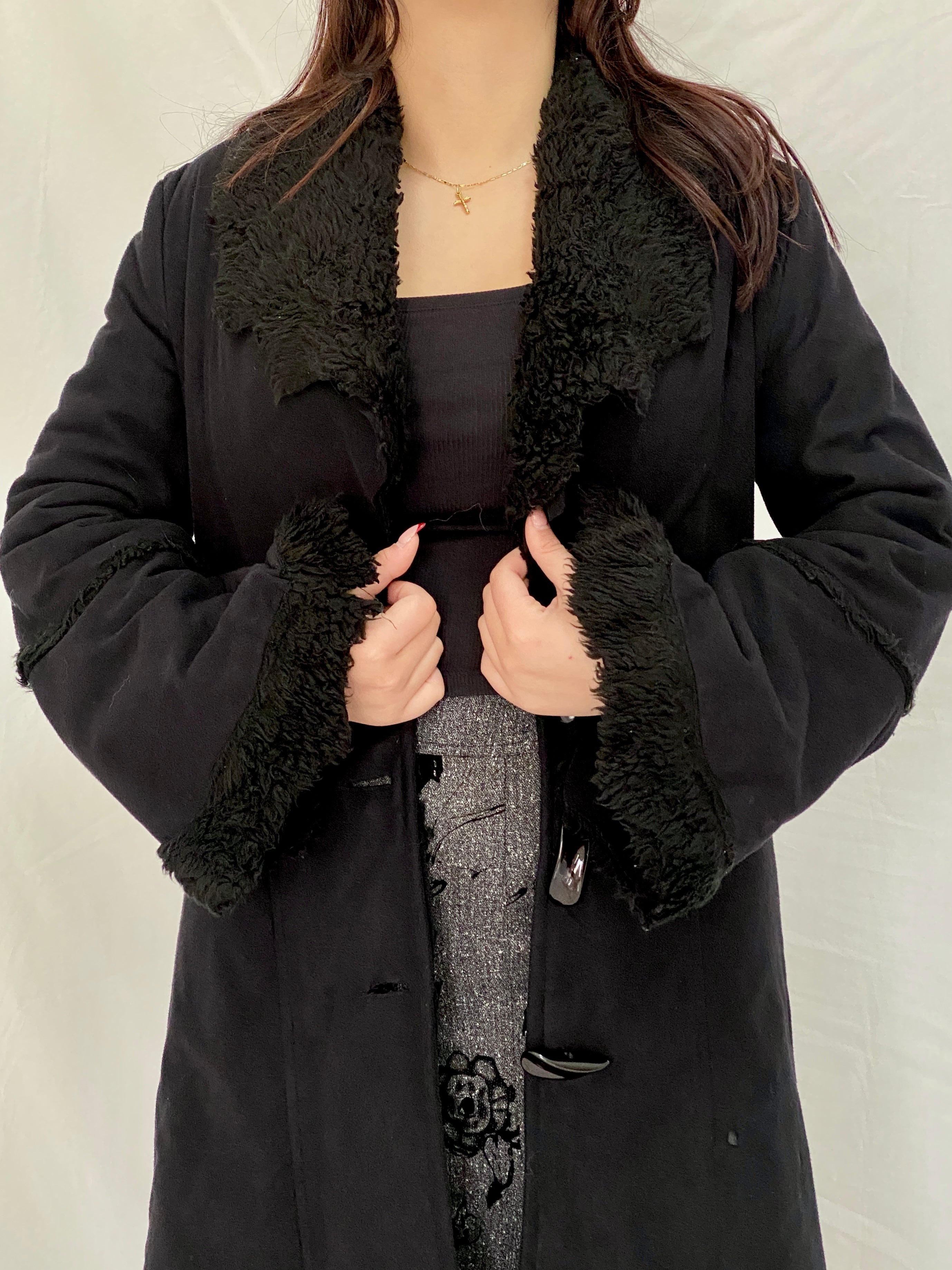 Vintage De Blue Black Penny Lane Faux Fur Lined Long Coat Toggle Closure Jacket - M