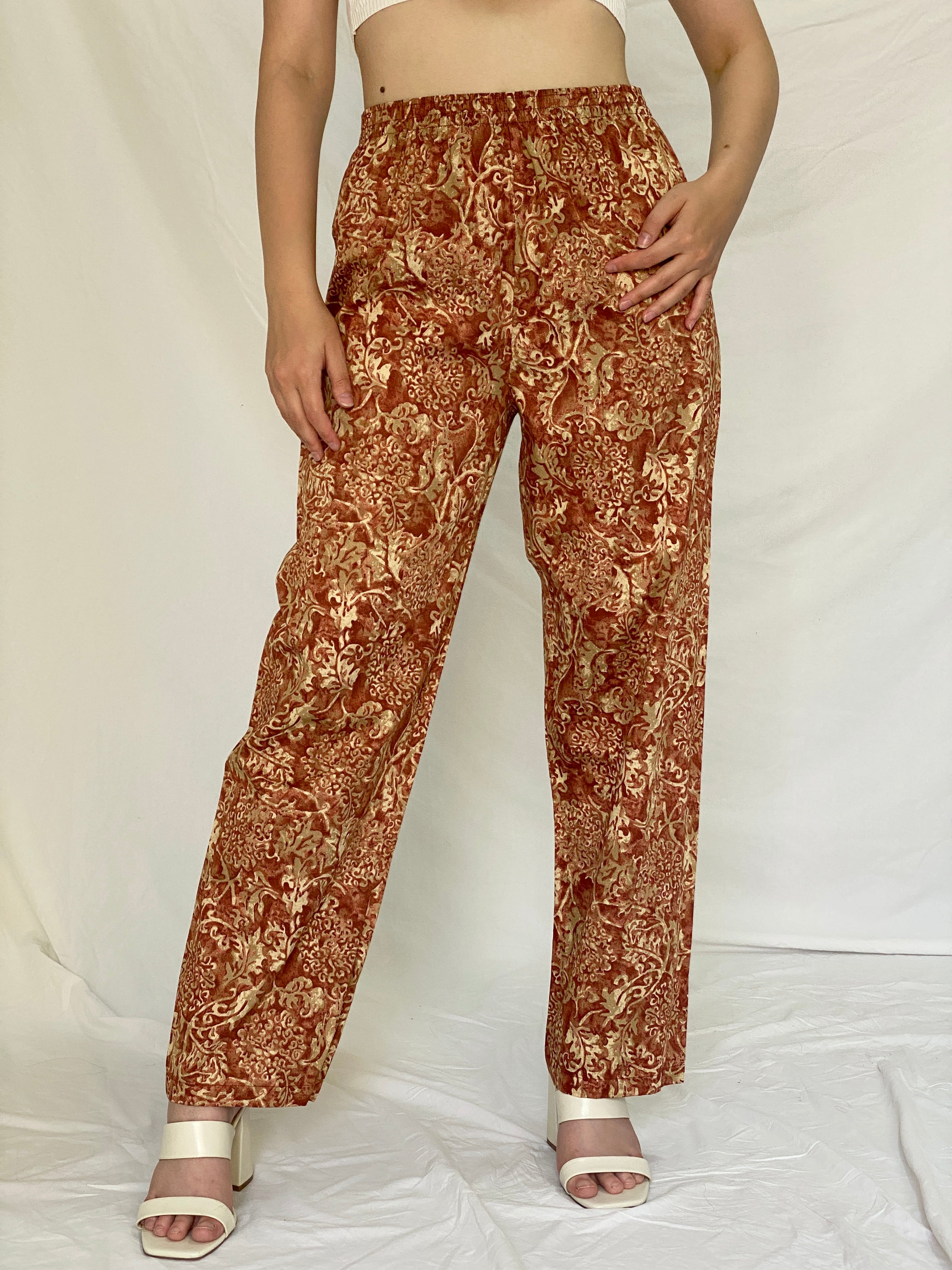 Vintage Peruvian Connection Rust & Cream Baroque Print Cotton Pants – M