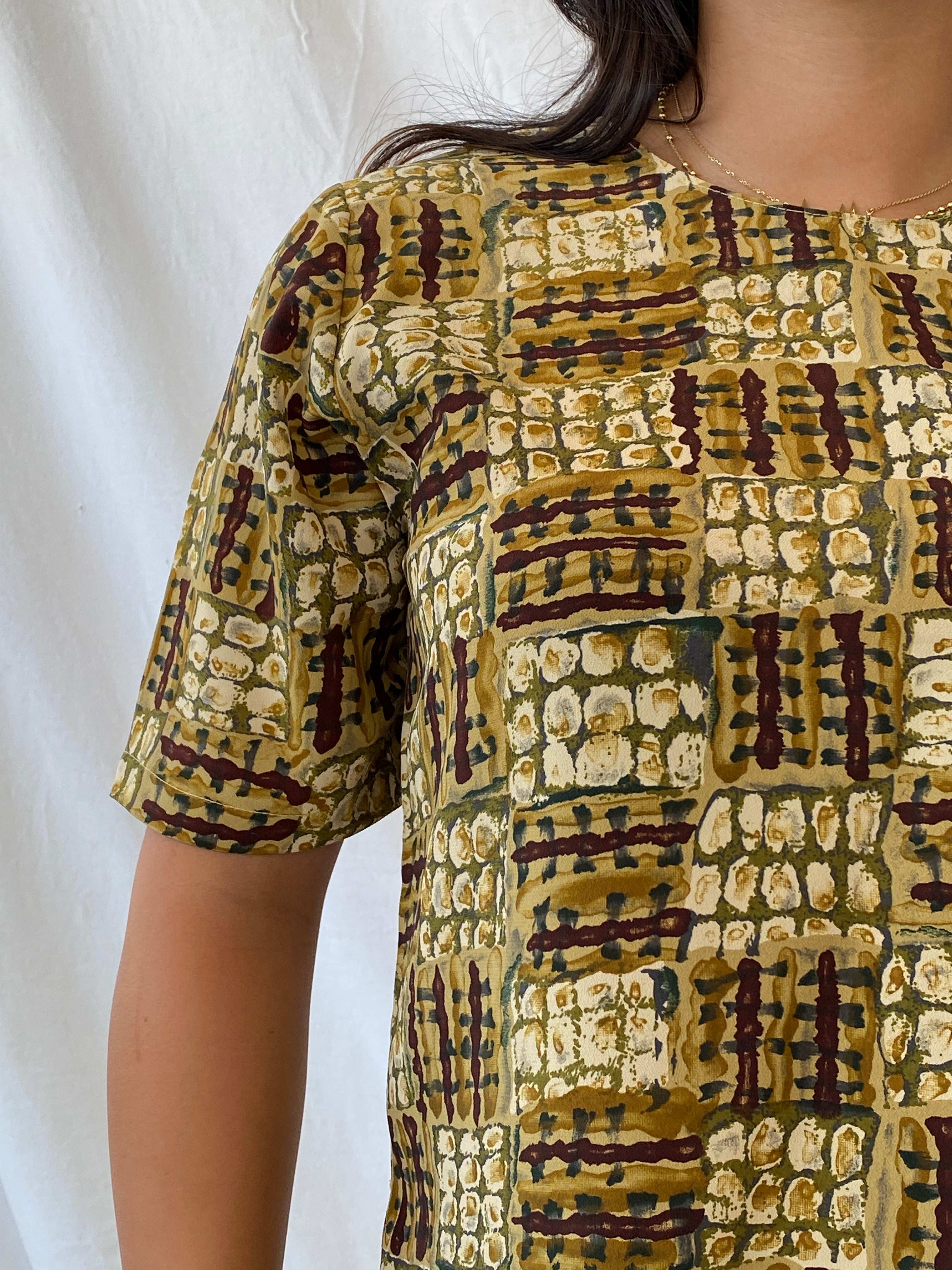 Earth-Tone African Mud Cloth Half-Sleeve Top - M - Balagan Vintage Half Sleeve Top 00s, Lana, NEW IN, summer, Y2K