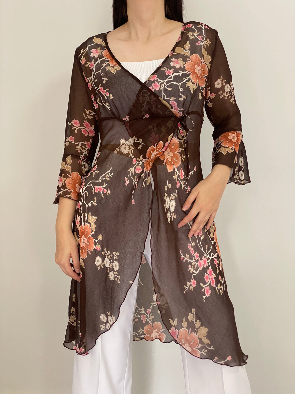 Y2K Une Mode Pour Moi Brown Sheer Floral Wrap Tunic Top – M