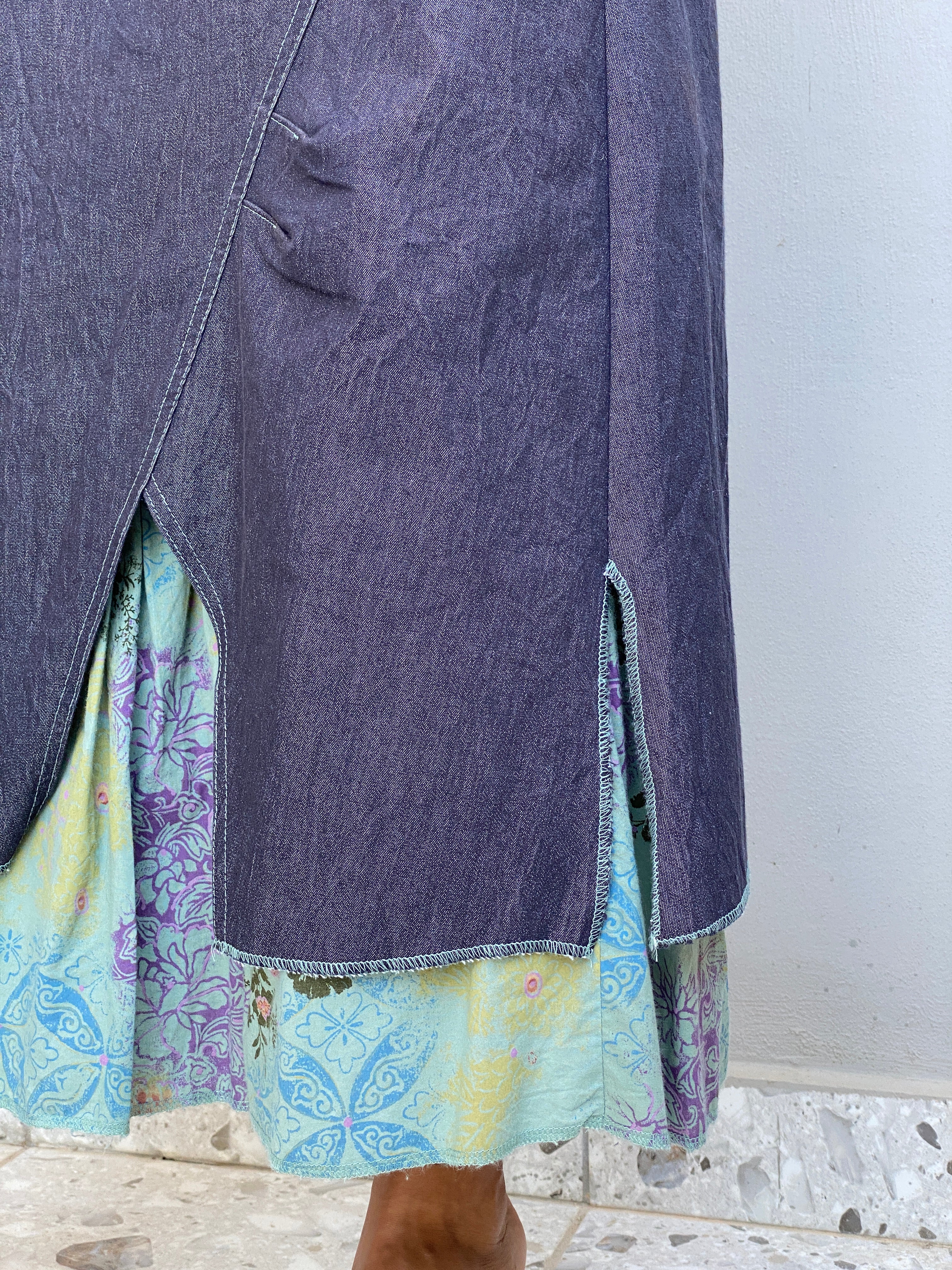 Vintage Y2K Renato Bene Paris Chambray Overlay Floral Midi Skirt Asymmetrical Layered Boho Skirt - S