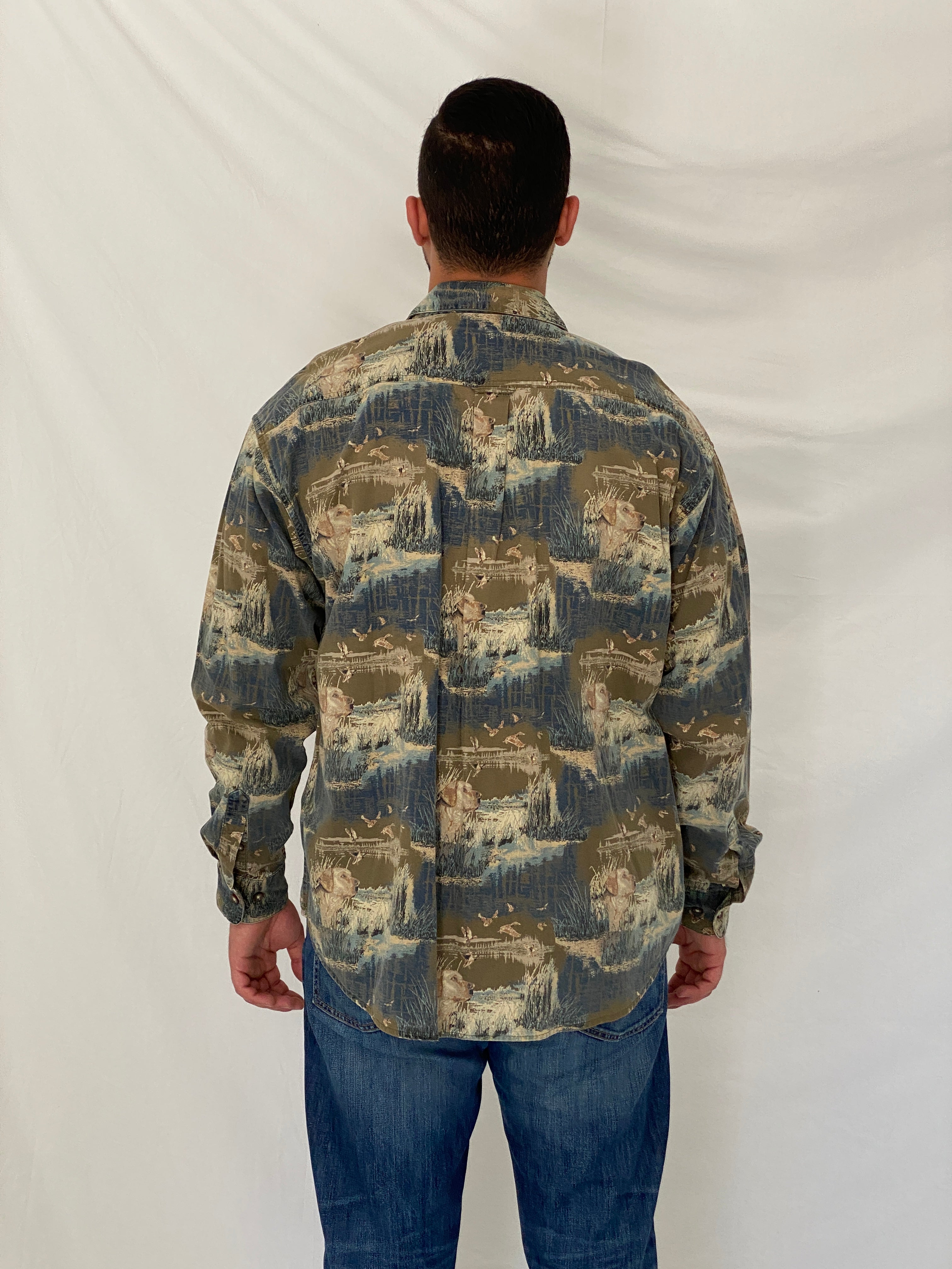 Vintage Woodland Trail Camo Hunting Cotton Button-Up Shirt – XL