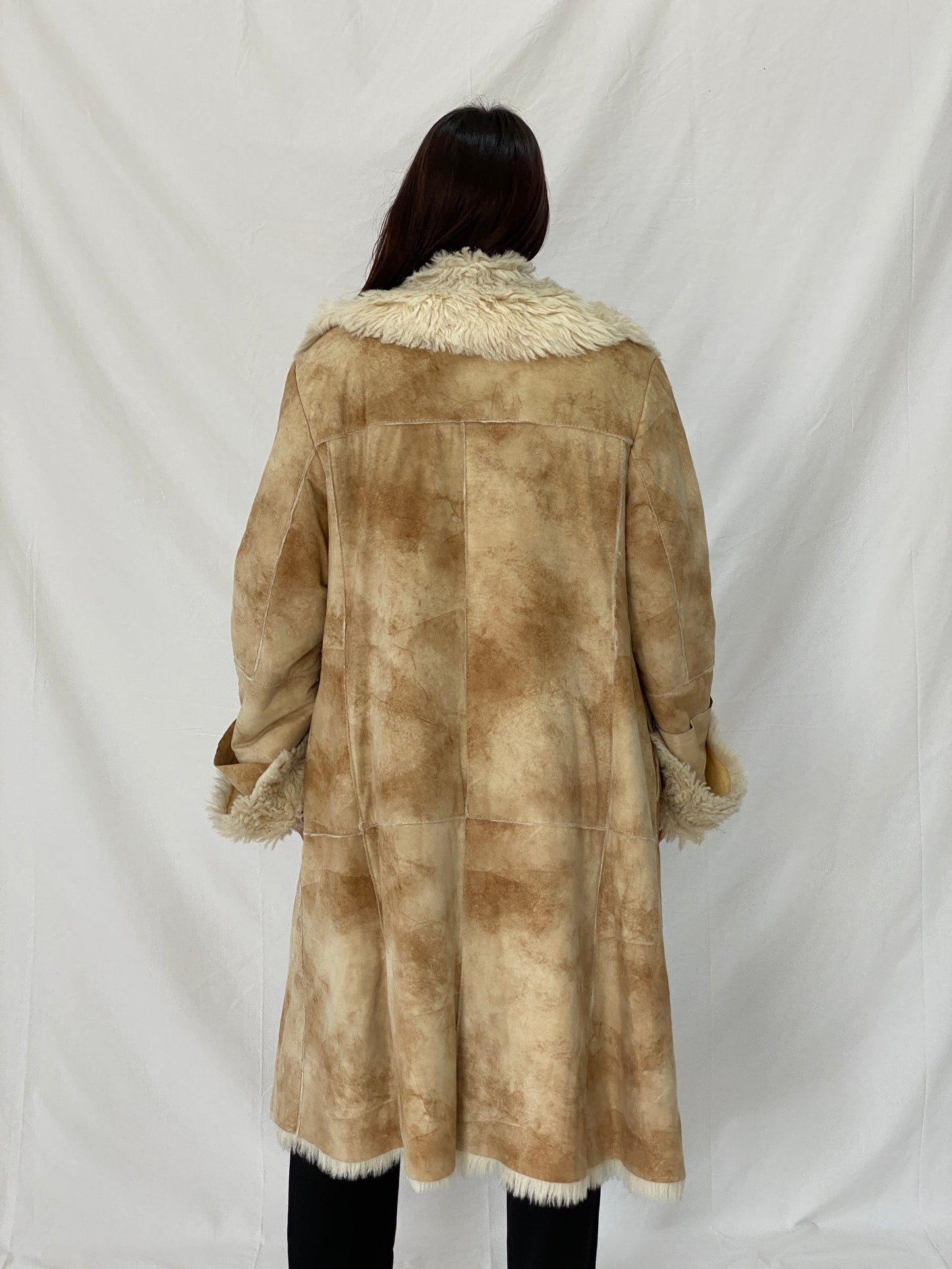 FREEHORN by Conbipel Faux Fur Lined Italian Genuine Leather Penny Lane Coat 70s Boho Jacket - XL