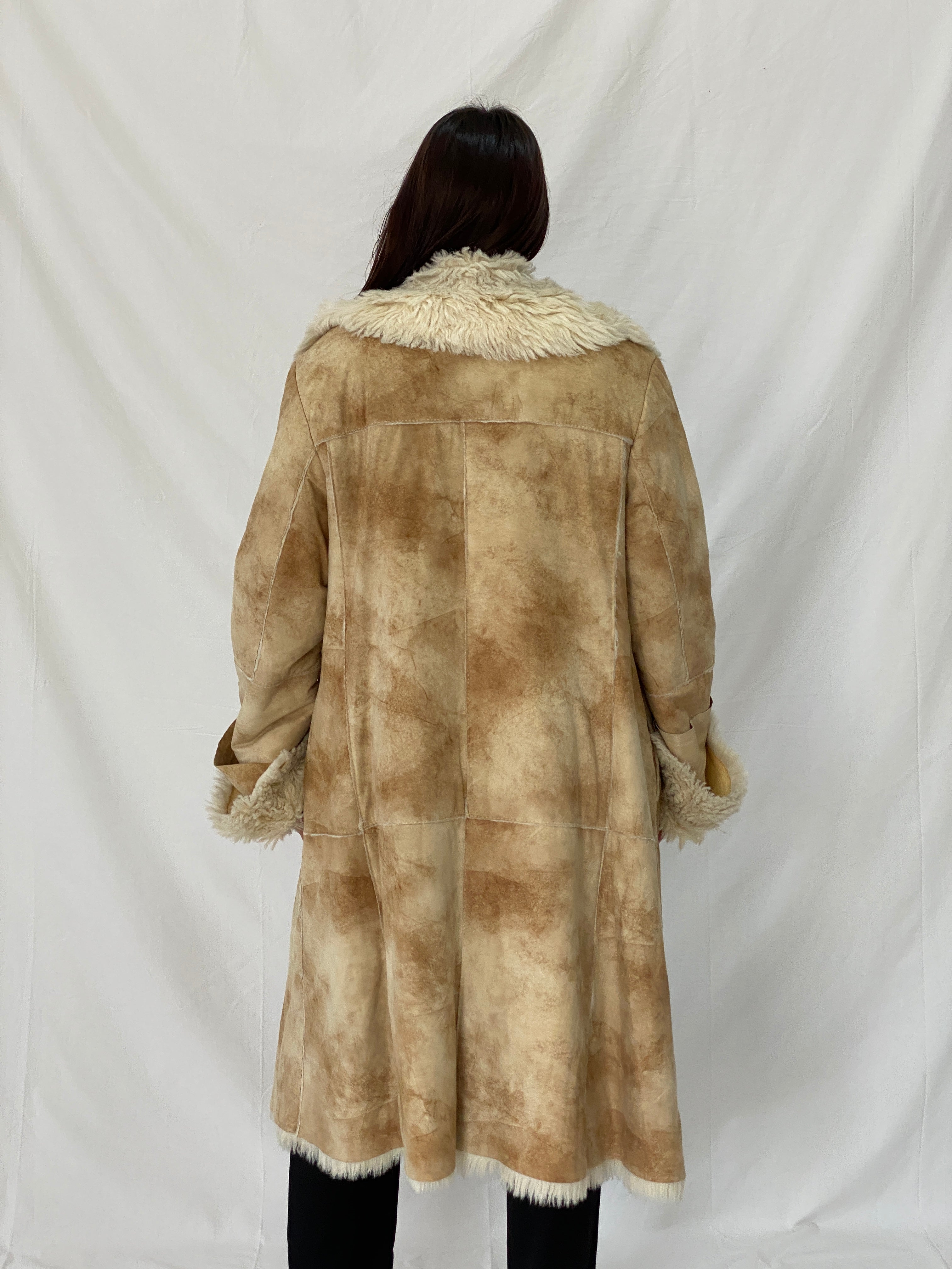 FREEHORN by Conbipel Faux Fur Lined Italian Genuine Leather Penny Lane Coat 70s Boho Jacket - XL