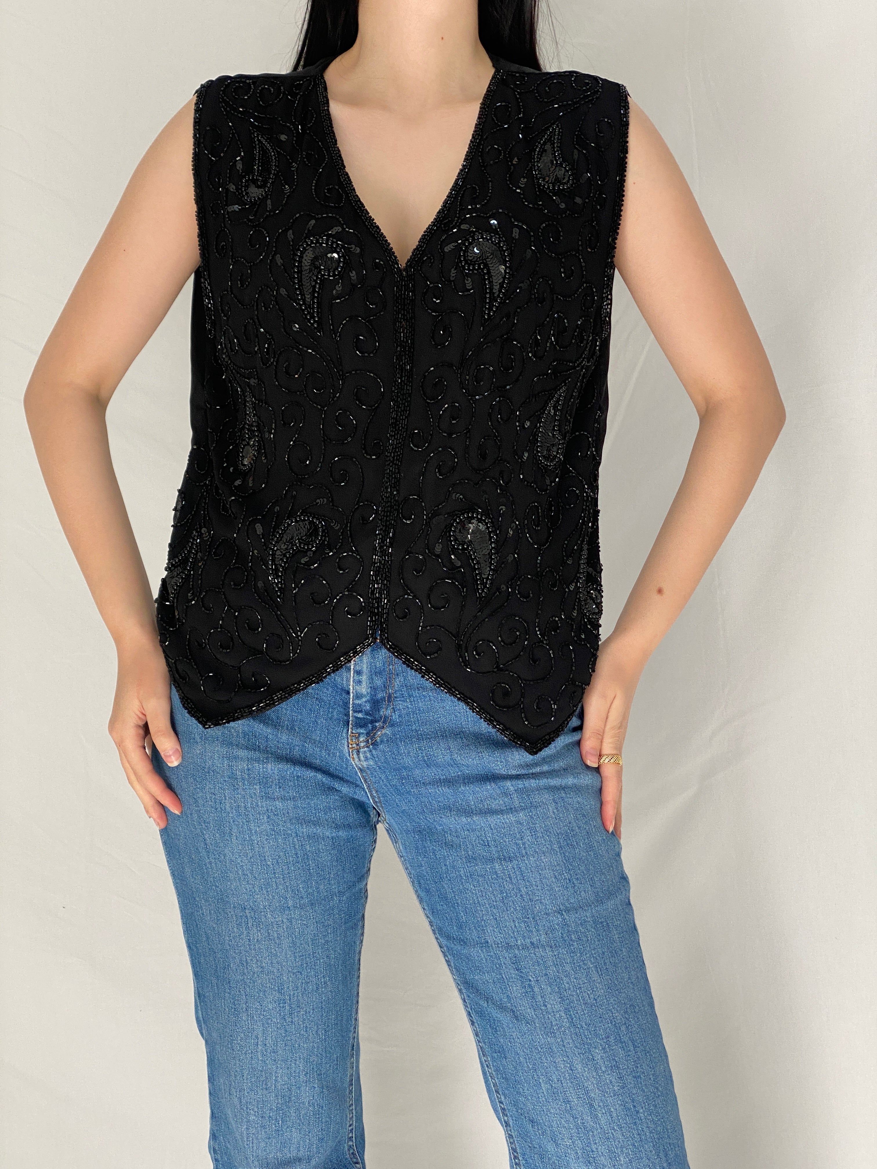 Vintage Black Paisley Sequined & Beaded Party Embellished Evening Vest - M