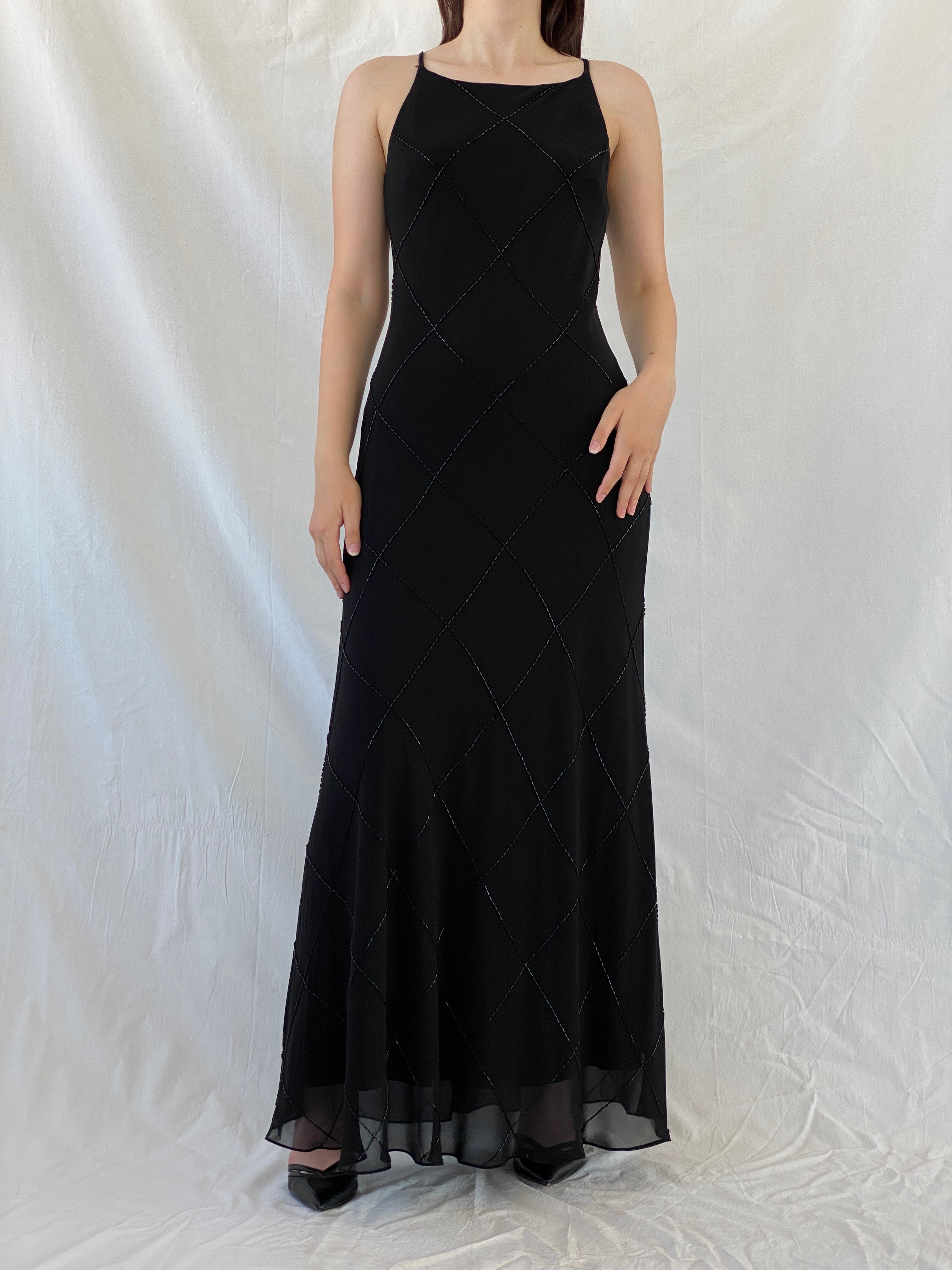 Vintage Jones New York Black Beaded Evening Gown 90s Formal Slip Dress - M