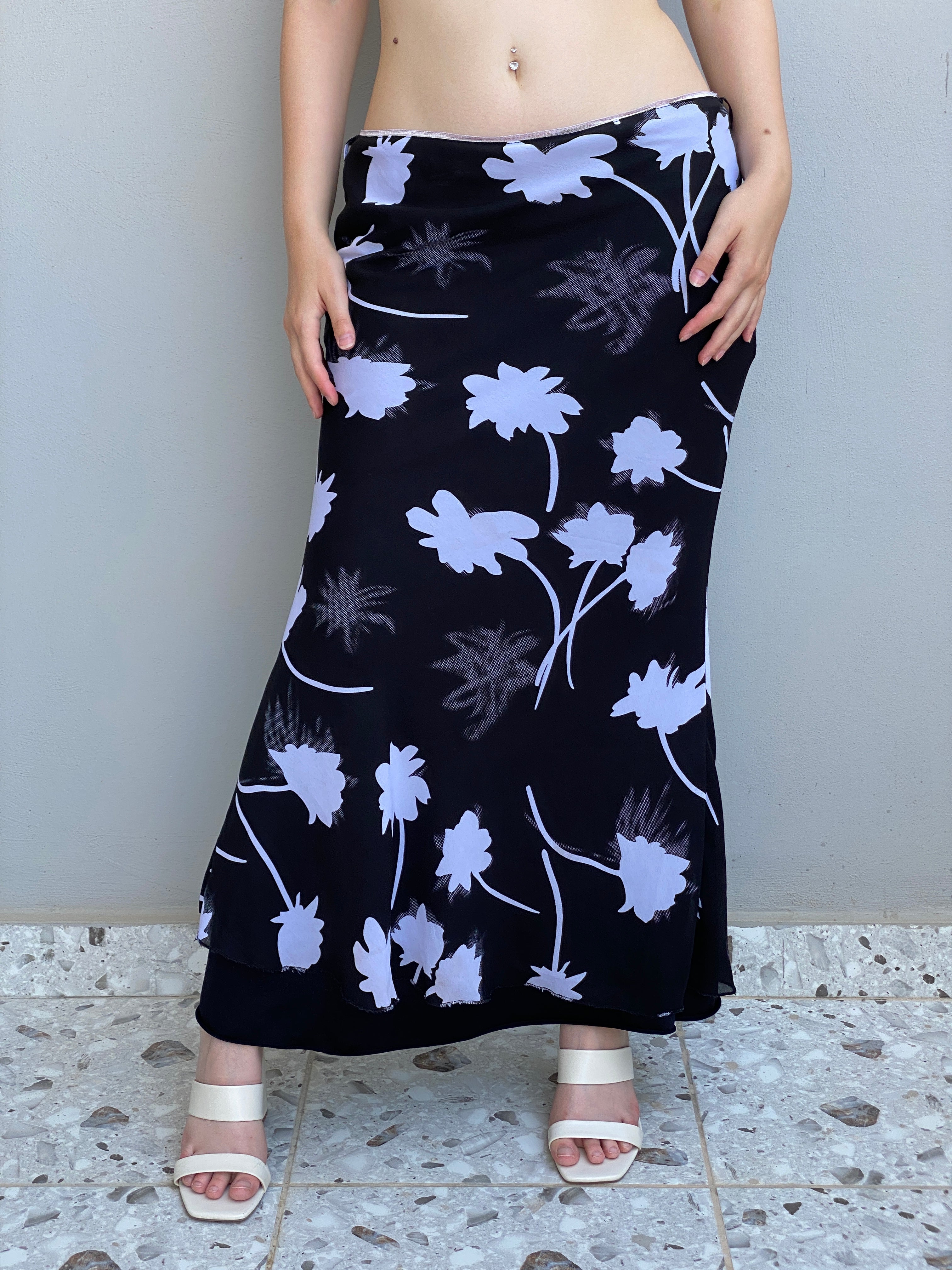 Vintage Y2K Black White Floral Maxi Monochrome Bias Cut Slip Skirt – L