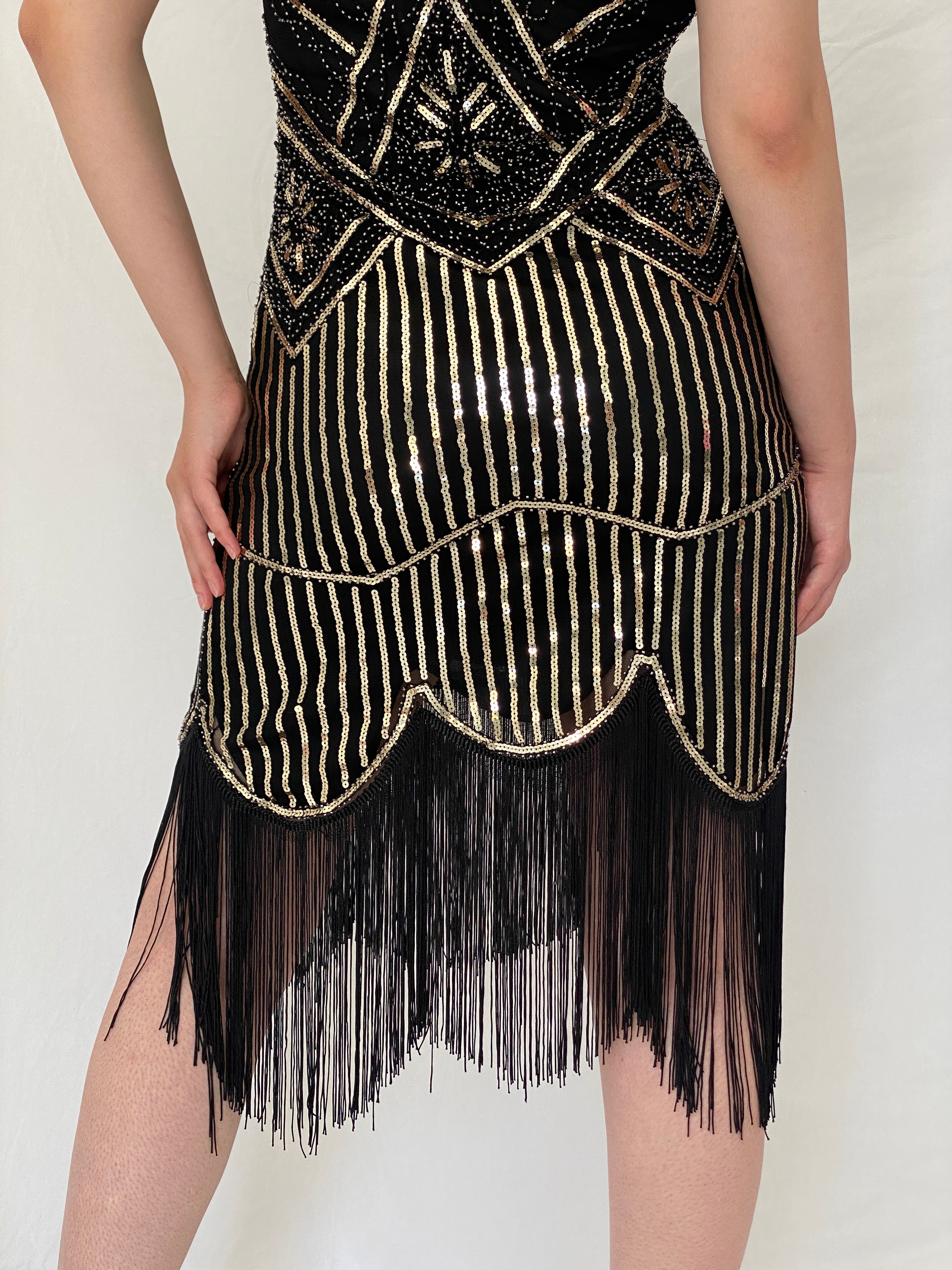 Vintage Art Deco Gatsby Black & Gold Sequin Fringe Cocktail Dress –  S
