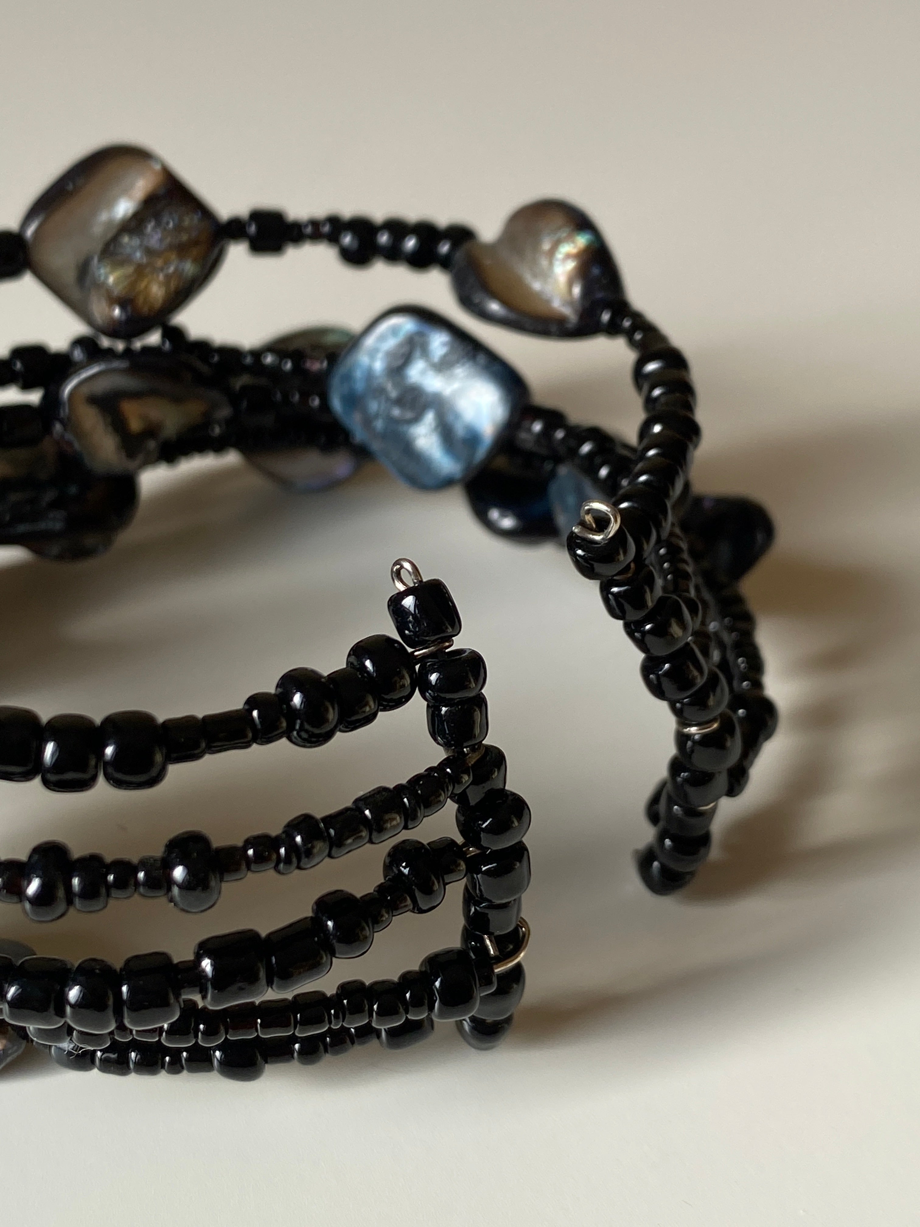 Vintage Y2K Black Beaded Wrap Bracelet with Shell Cabochon Stones Boho Statement Jewelry