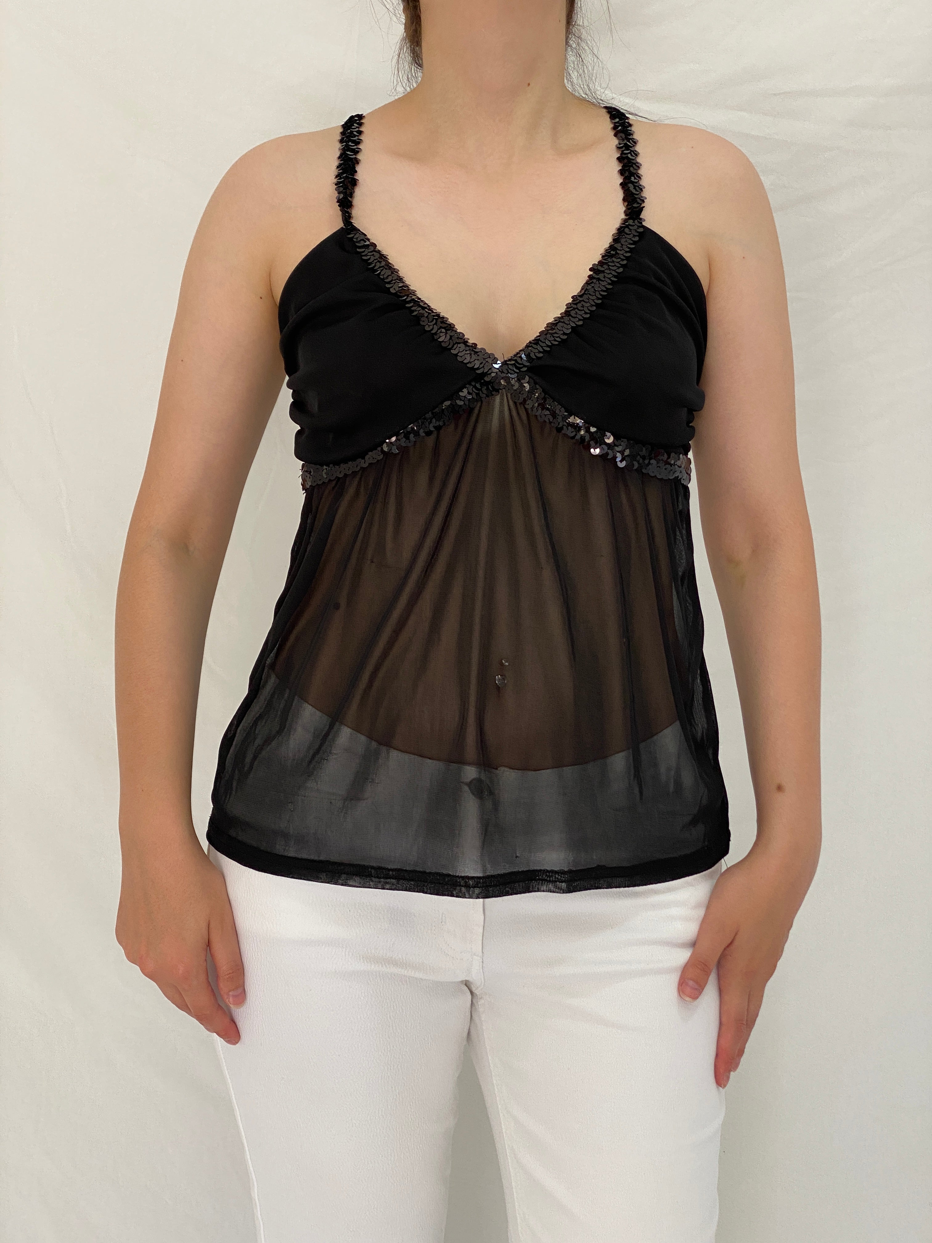 Vintage Y2K Black Party Evening Sequin Trim Sheer Mesh Cami Top - M
