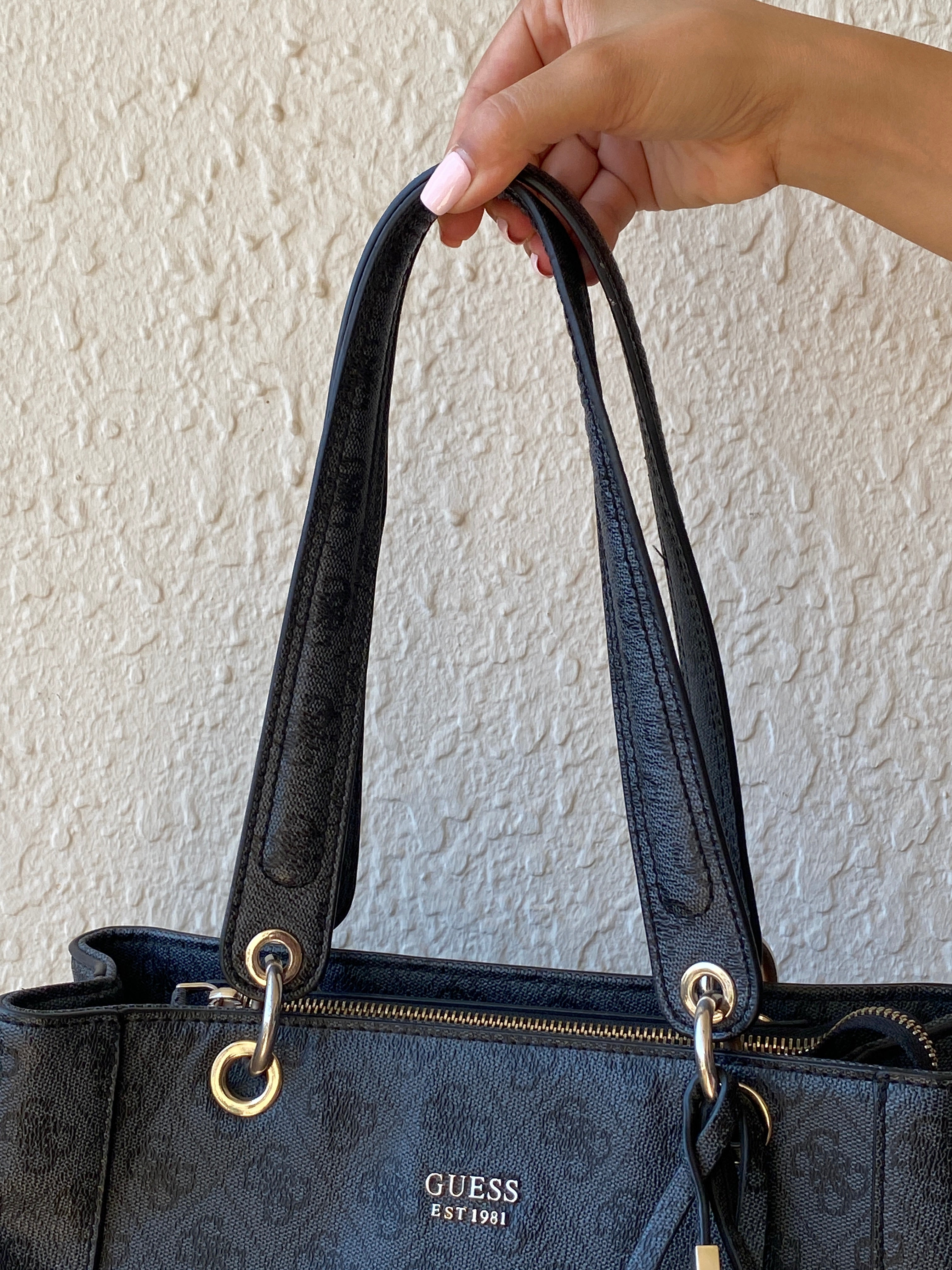 Vintage Y2K GUESS Black Monogram Logo Structured Tote Shoulder Bag