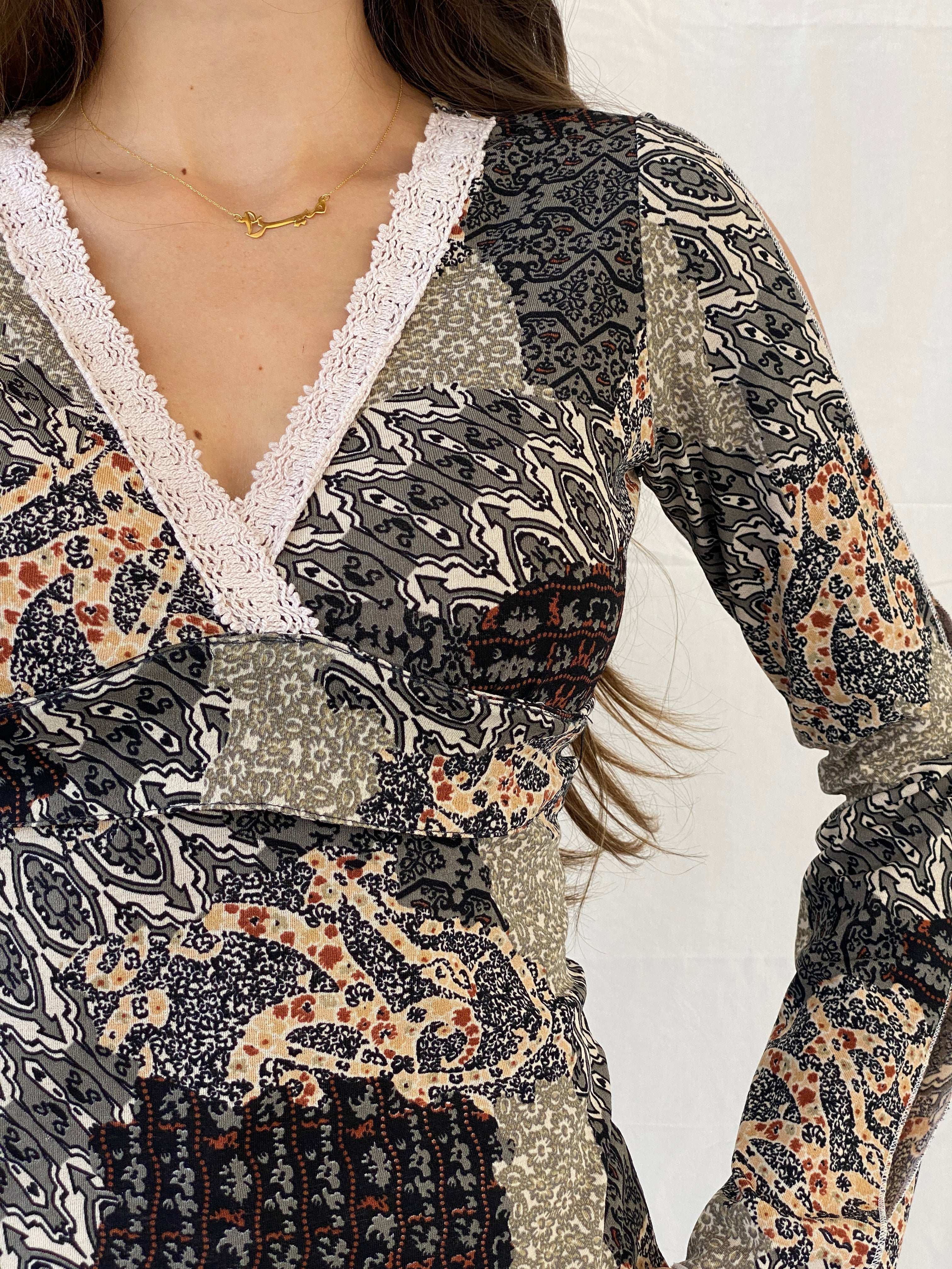 Vintage Y2K JP Collection Paisley Print Top With Lace Detailing - M