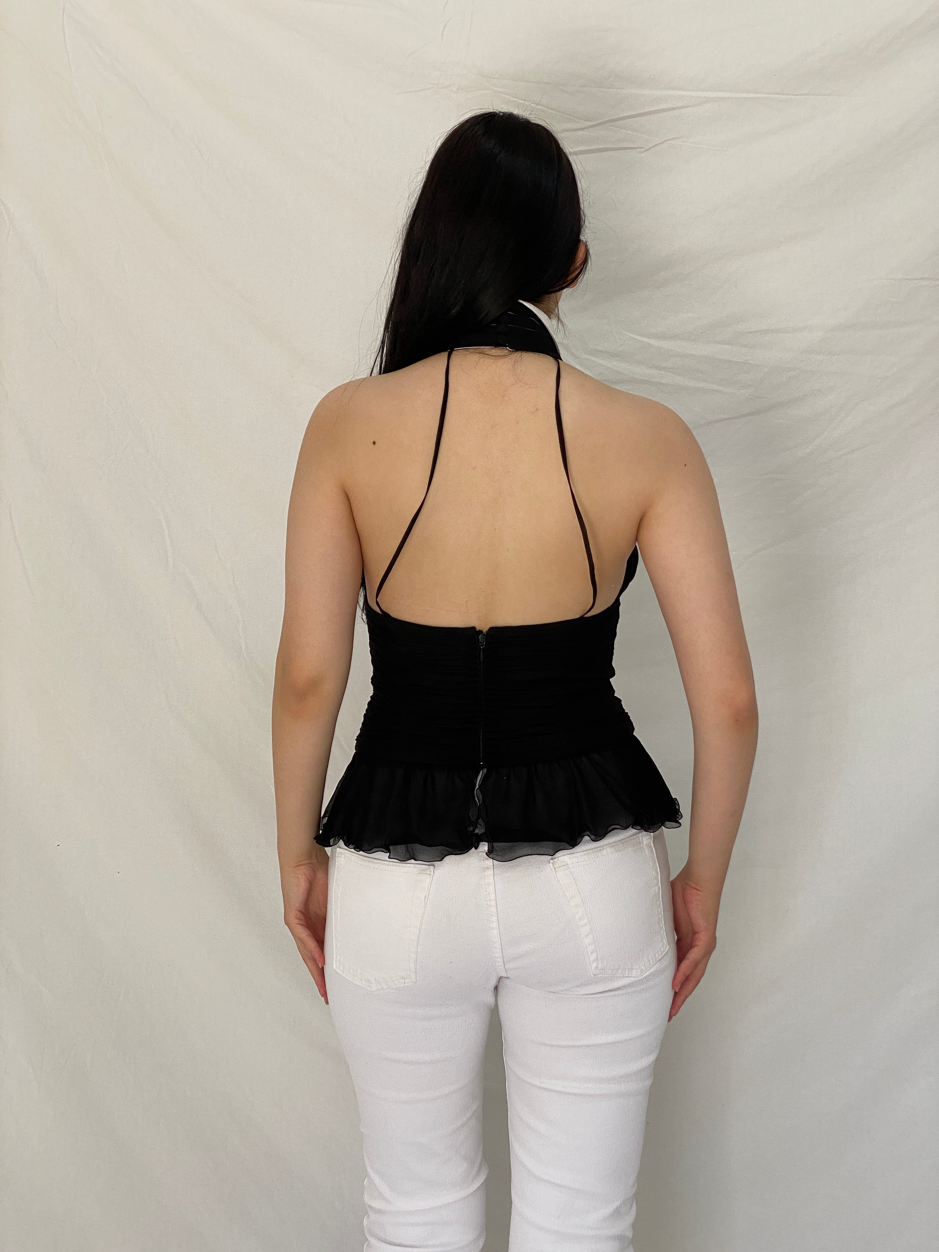 Y2K Lagerfeld Gallery Black Silk Halter Blouse with White Collar – S