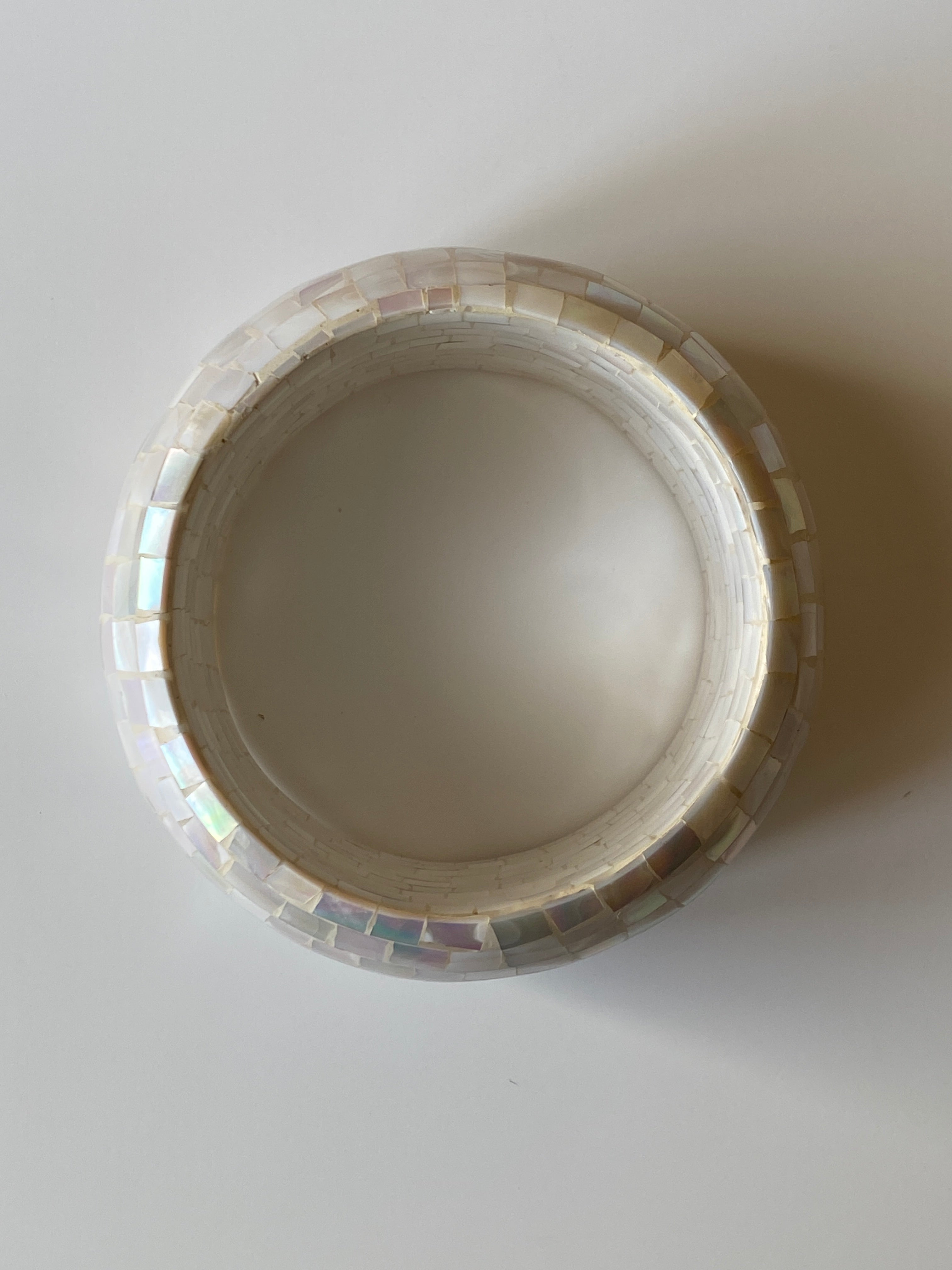 Vintage Mother of Pearl Mosaic Bangle Bracelet Iridescent Shell Inlay Statement Cuff