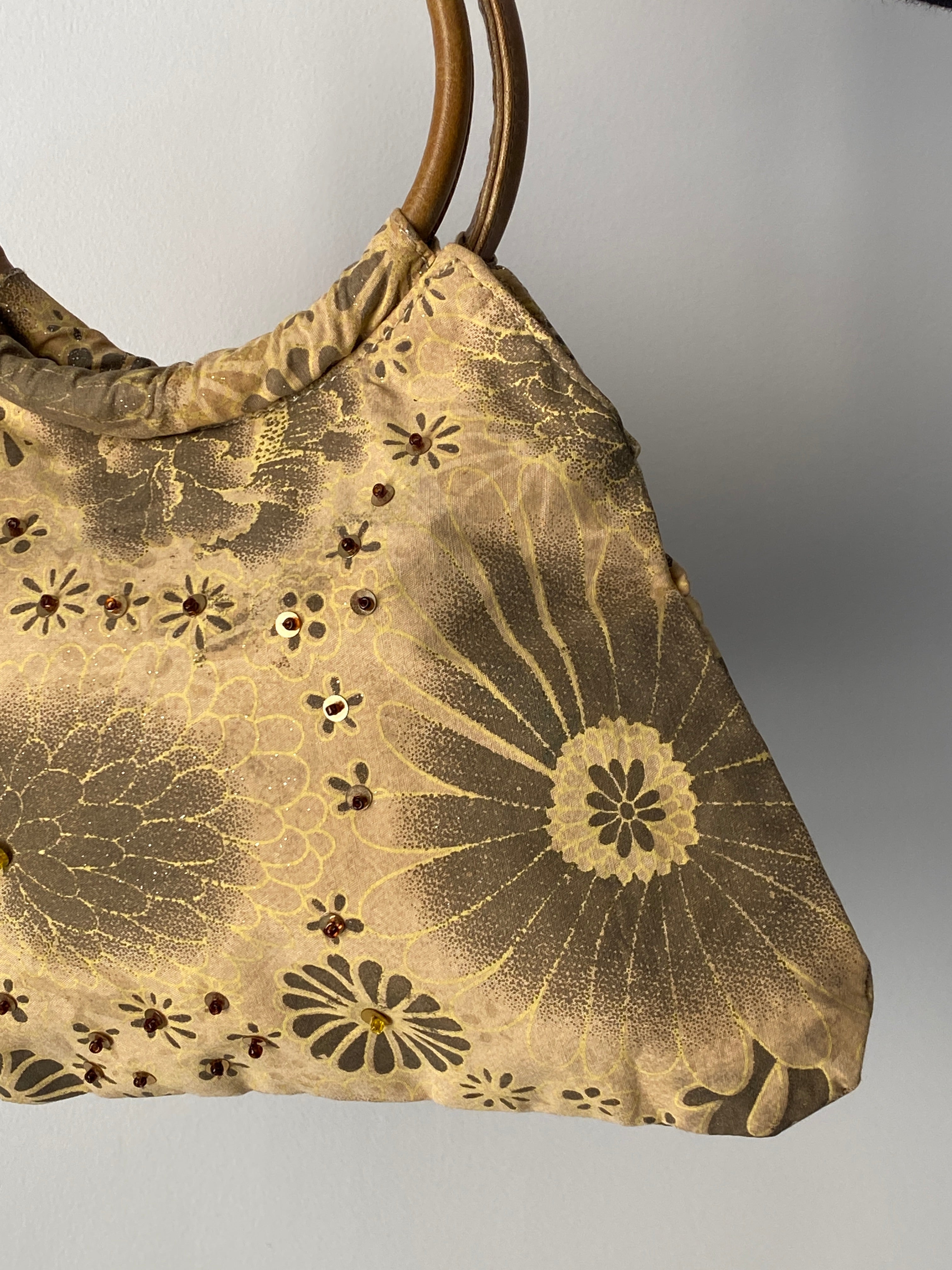 Vintage Y2K Mini Floral Embellished Handbag with Wooden Handles