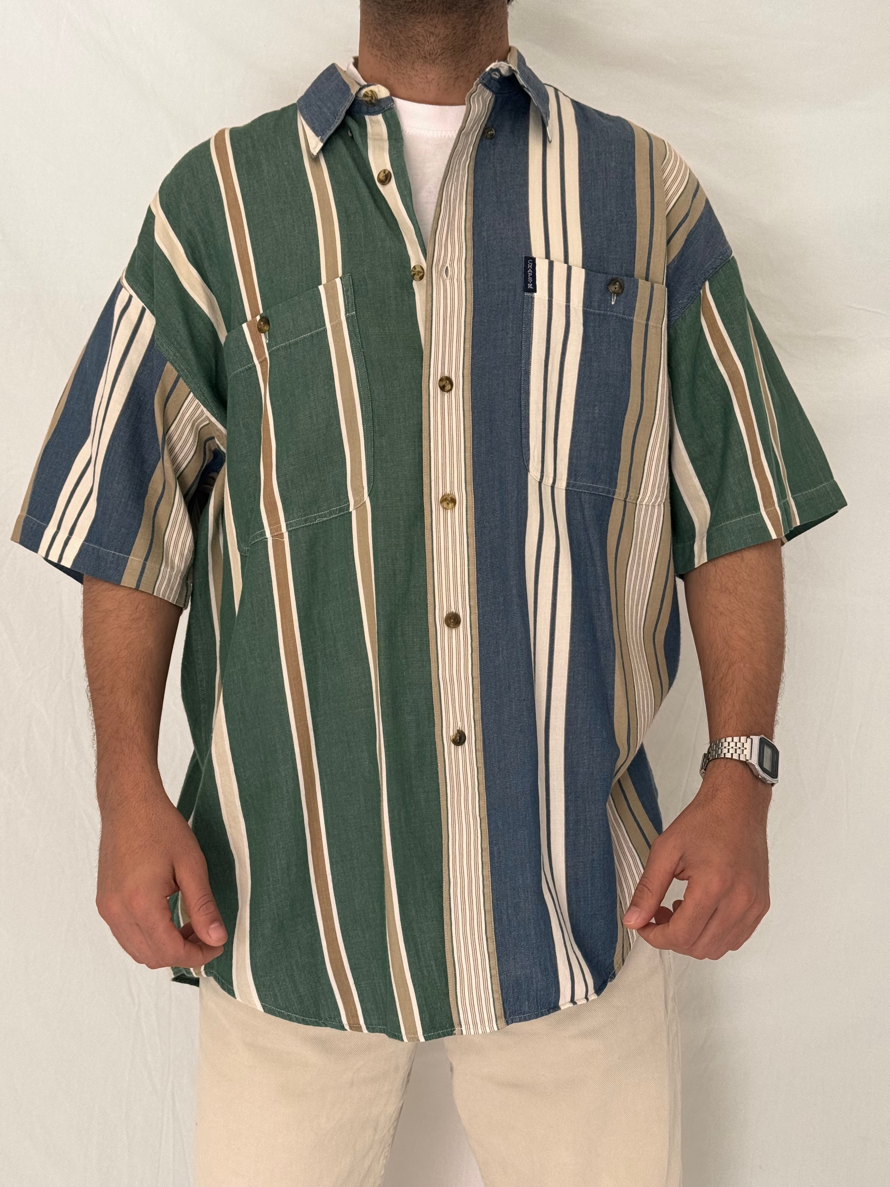 Vintage 90s Chaps Ralph Lauren Green Blue Striped Cotton Shirt - L
