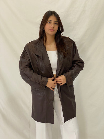 Vintage 1985 Brown Leather Blazer Coat Spanish Sheepskin Embossed Patchwork Jacket - L
