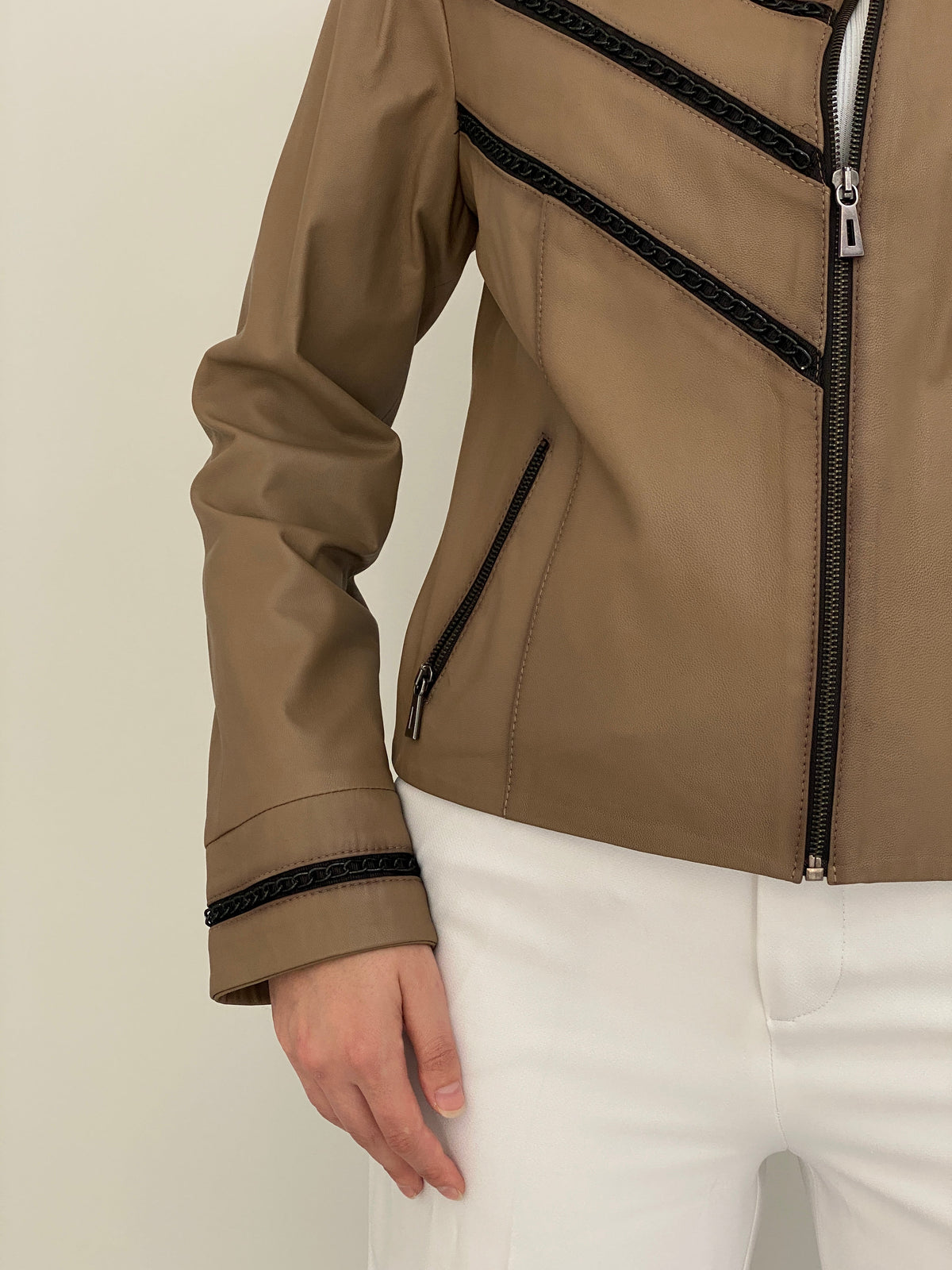 Vintage Y2K Gian Mori Classic Taupe Genuine Leather Zip-Up Jacket - L