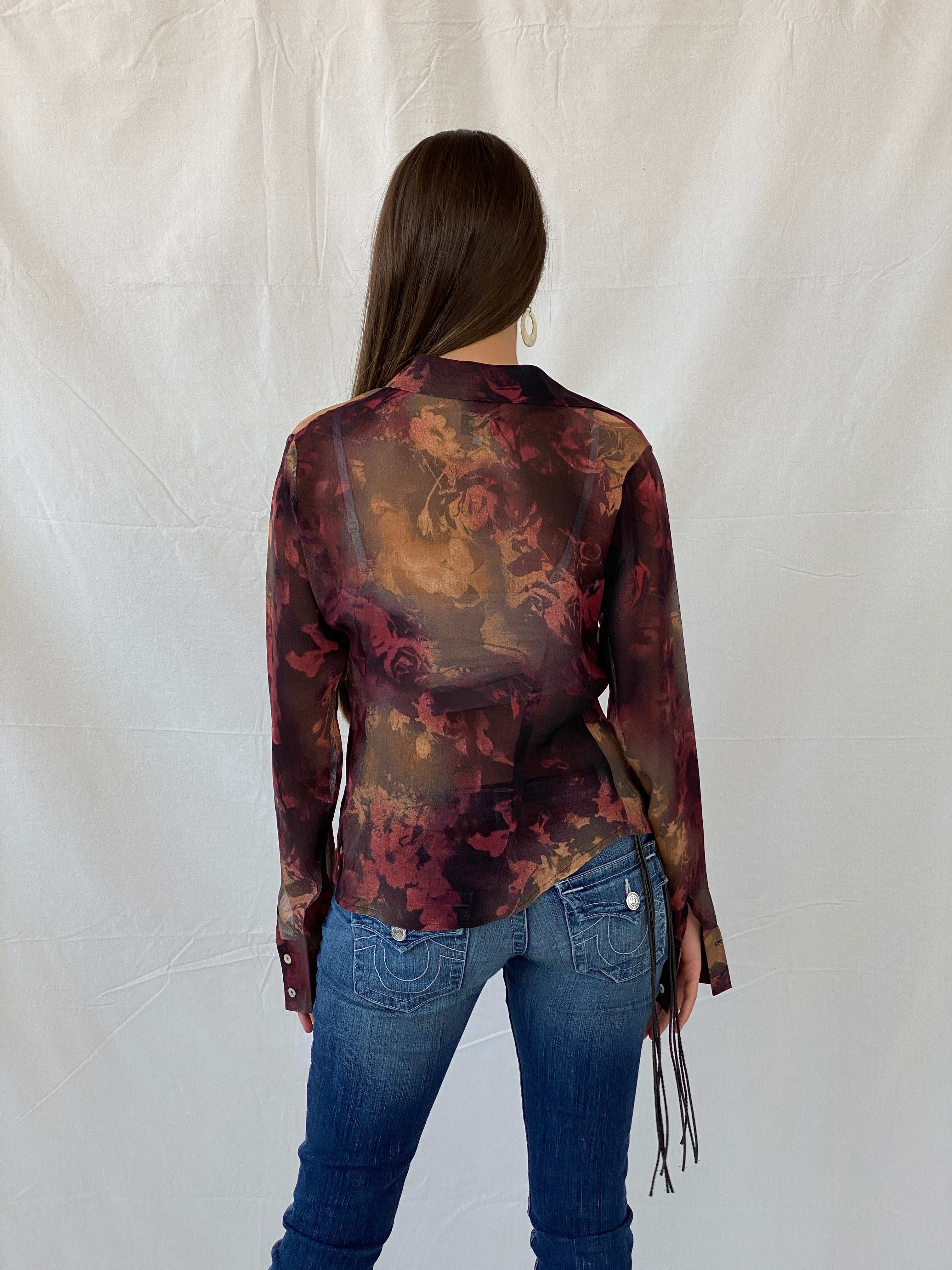 Vintage 90s LA CITY Paris Sheer Maroon Floral Shirt - M