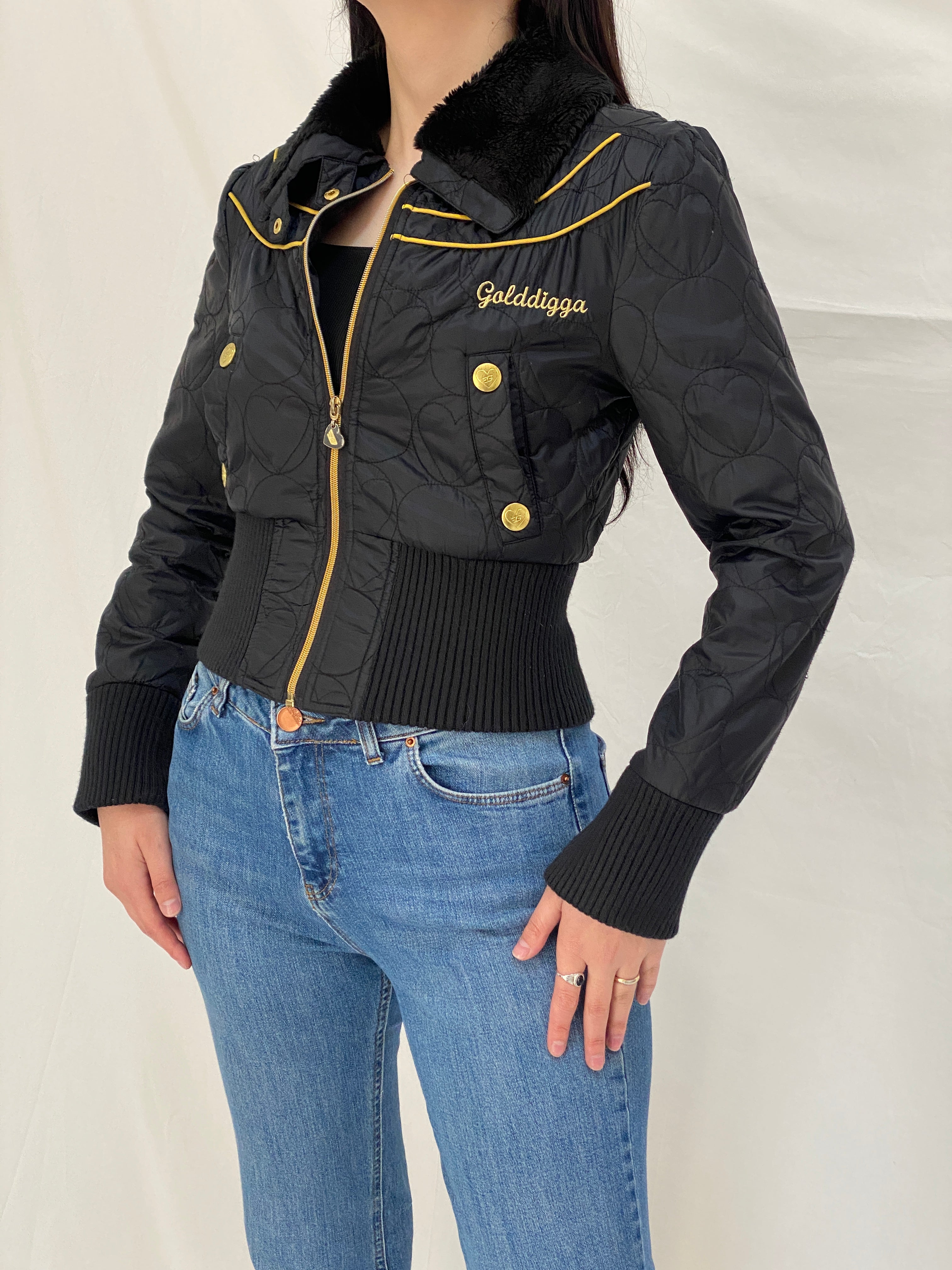Y2K Core Golddigga Black Cropped Puffer Jacket Faux Fur Collar Gold Details - S