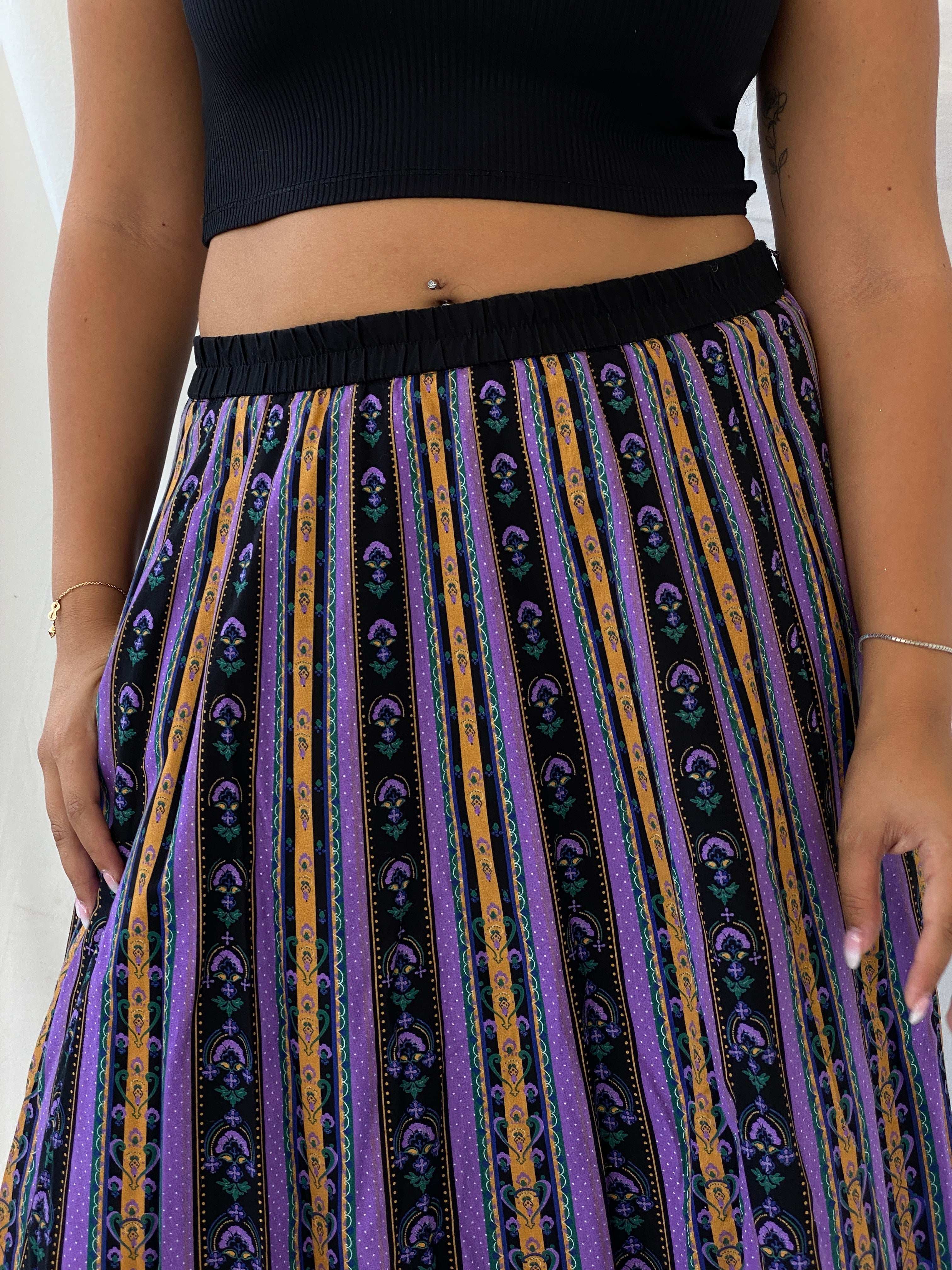 Vintage Angelika Moden Striped German-Folk Black and Purple Midi Cotton Skirt - L - Balagan Vintage Midi Skirt 00s, 90s, Dina, floral skirt, midi skirt, NEW IN, women skirt