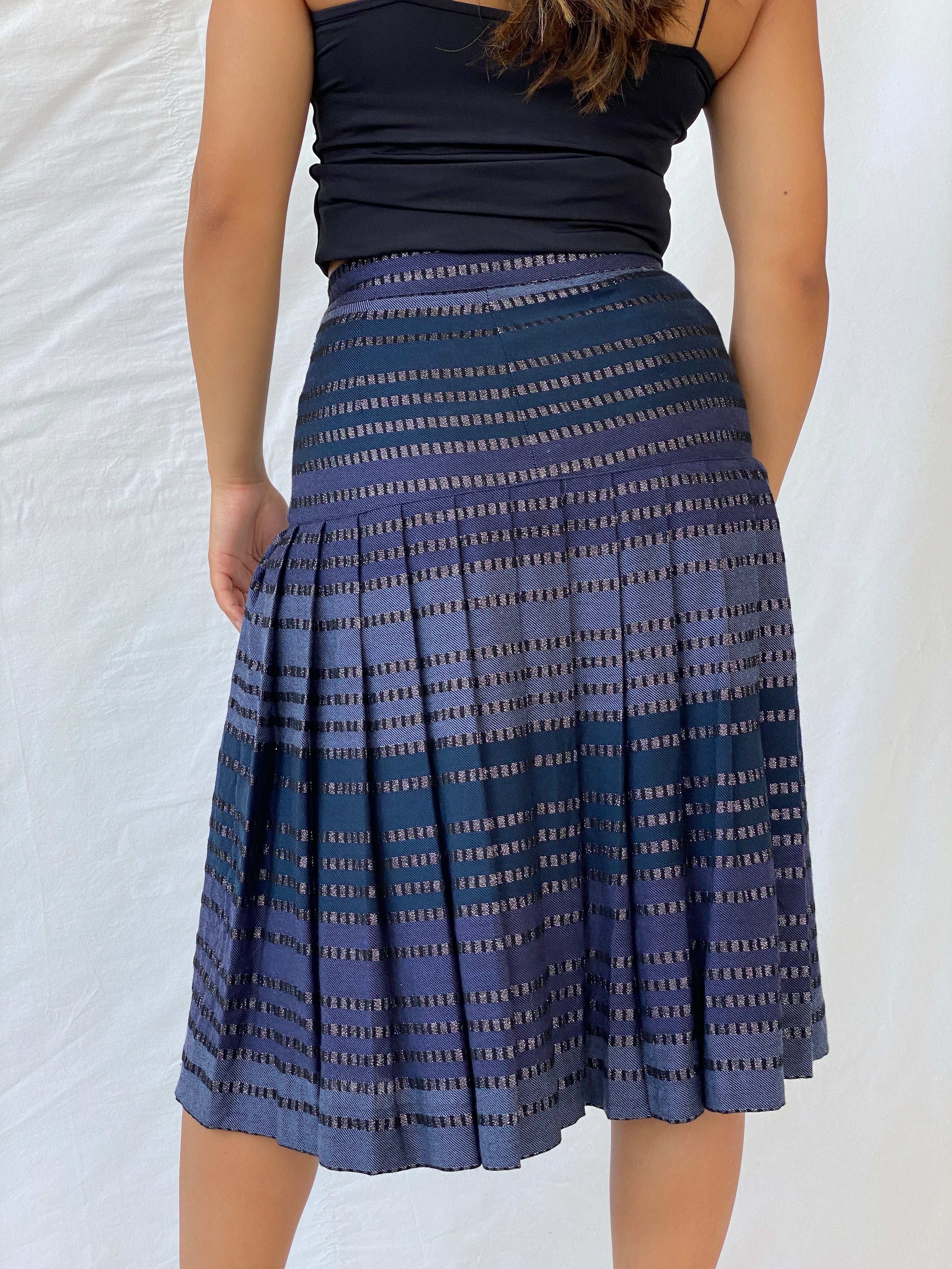 Vintage Carla Carini Blue And Black Pleated Midi Skirt - S