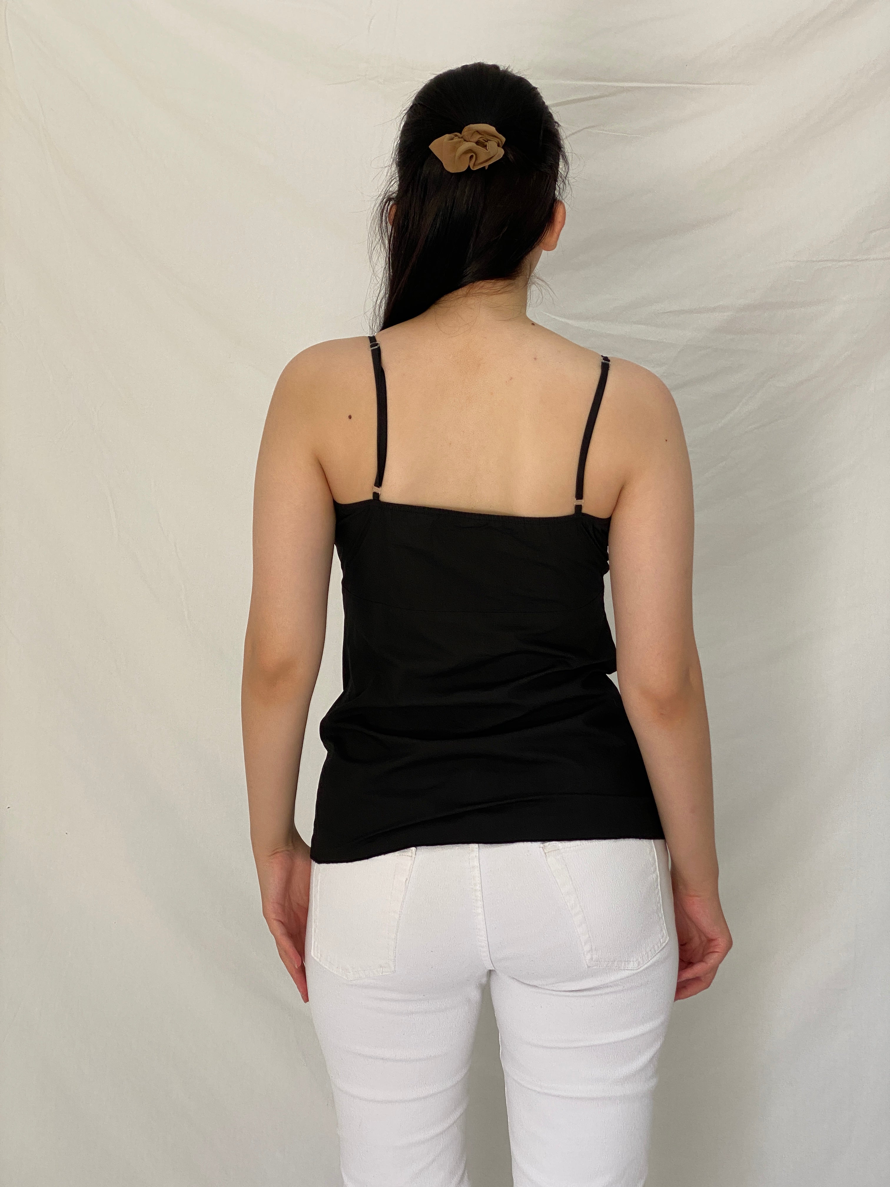 Y2K Black Floral Embroidered Cotton Cami Top – S