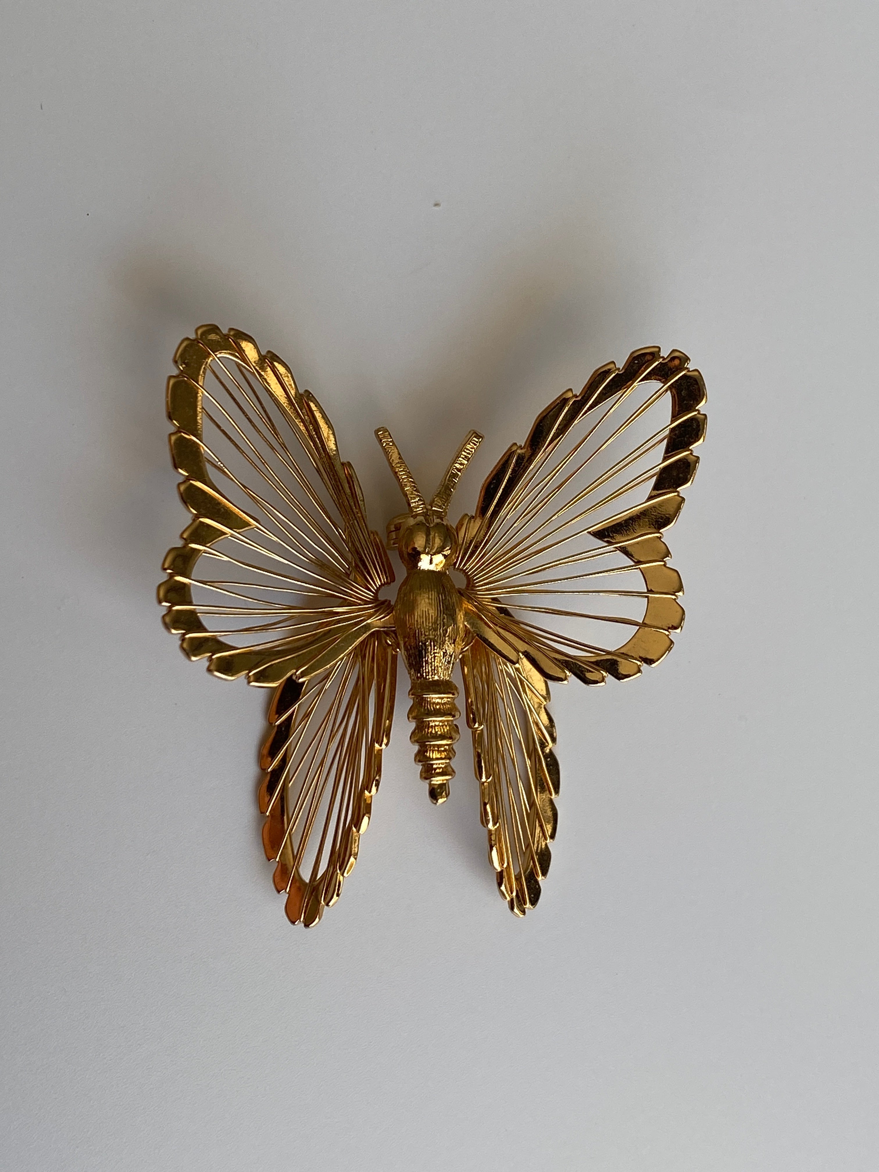 Vintage Monet Gold Tone Openwork Wire Butterfly Brooch Sculptural Pin