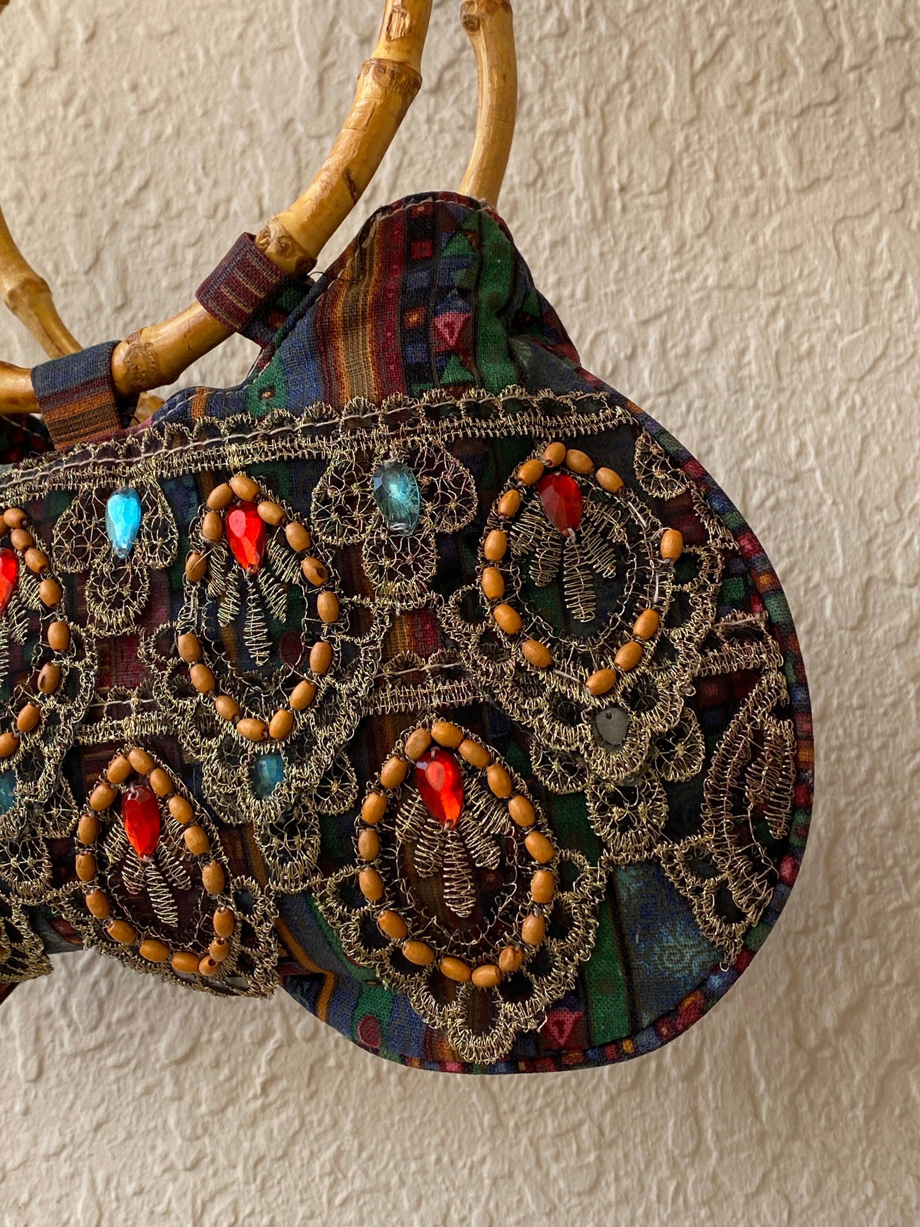 Vintage Boho Embellished Mini Handbag with Bamboo Ring Handles