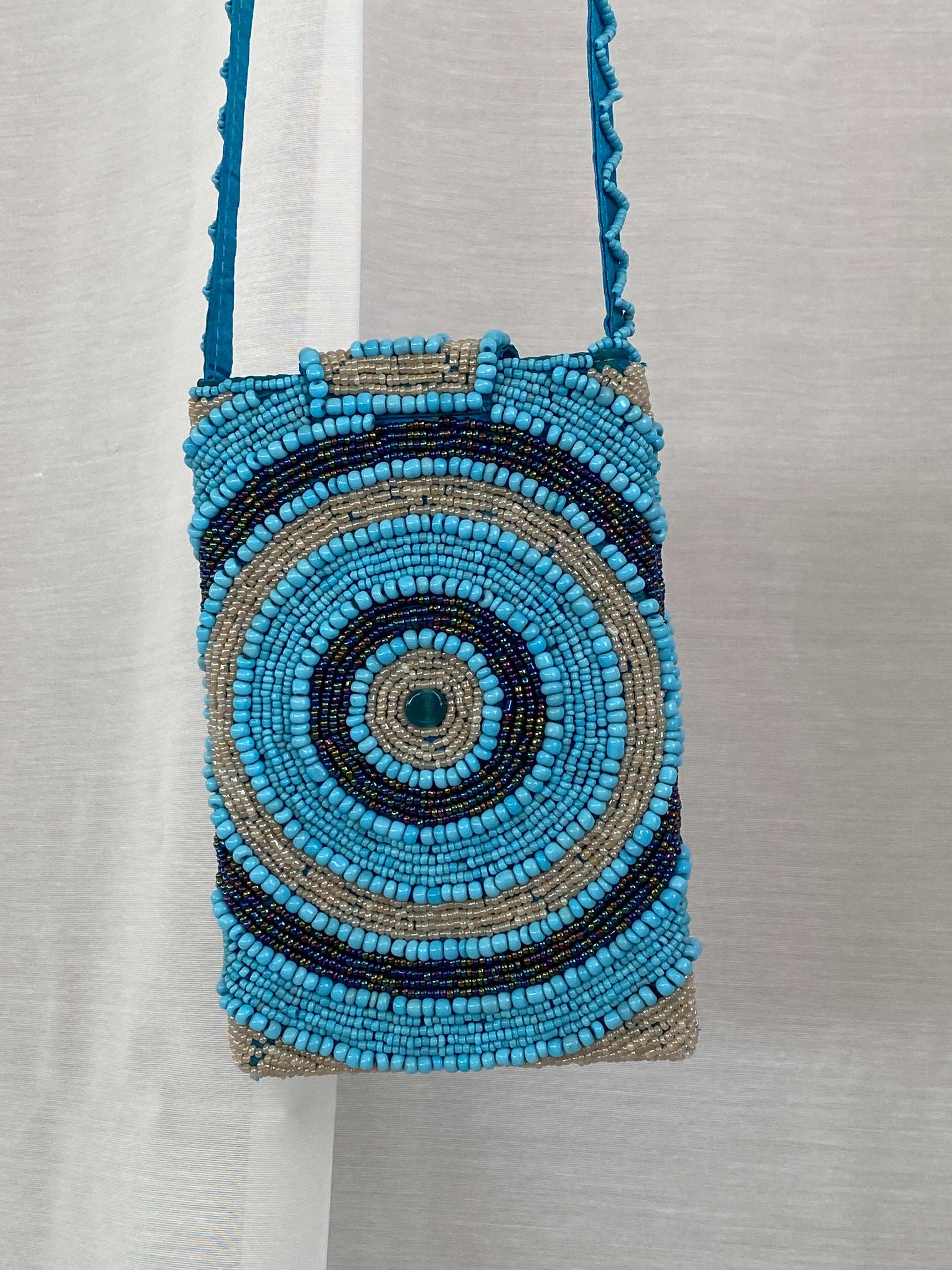 Blue Beaded Crossbody Bag Phone Holder