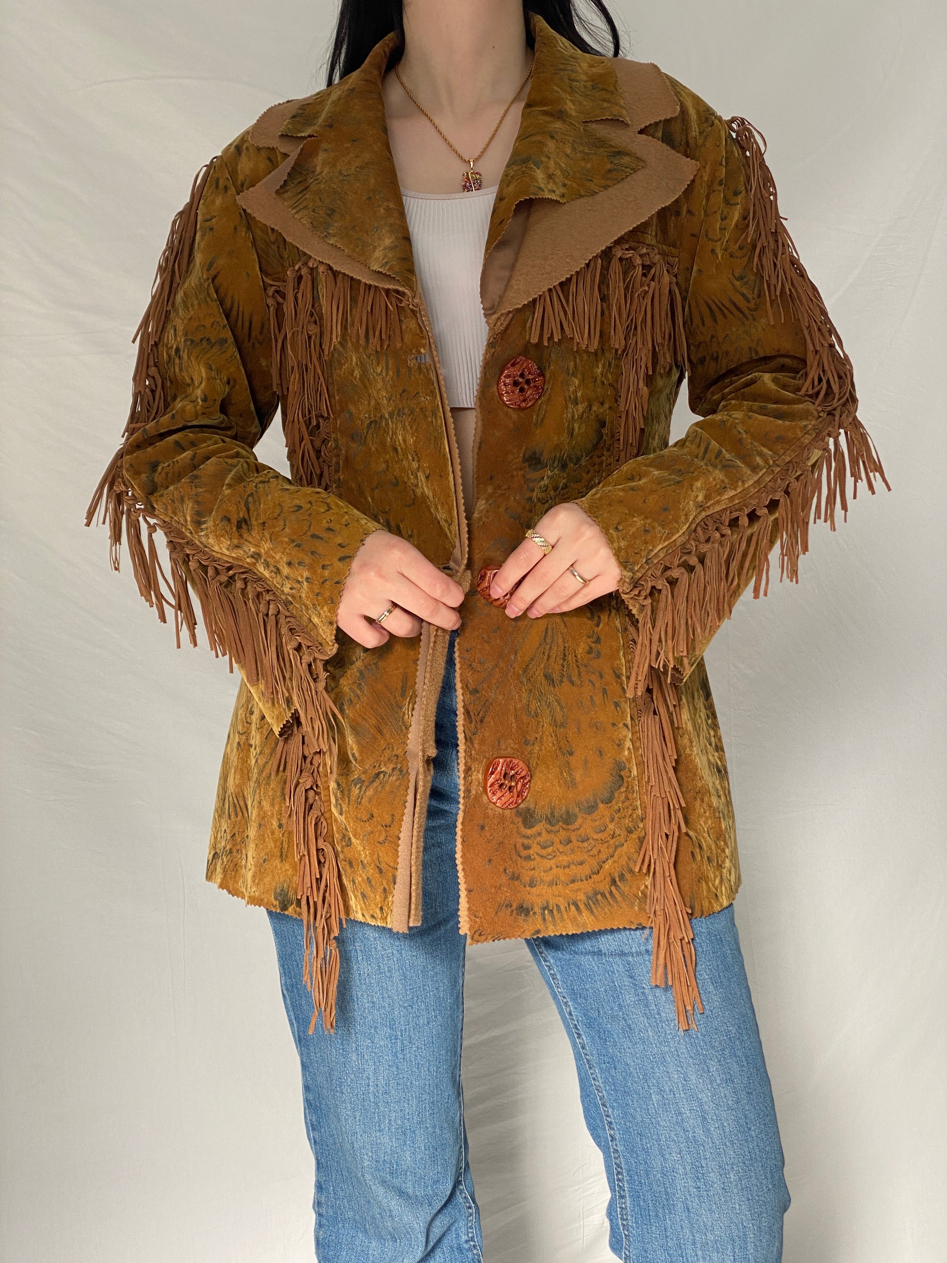 Vintage Dance Girl Fashion Western Fringe Faux Suede Jacket Boho Cowboy Statement Coat - XL