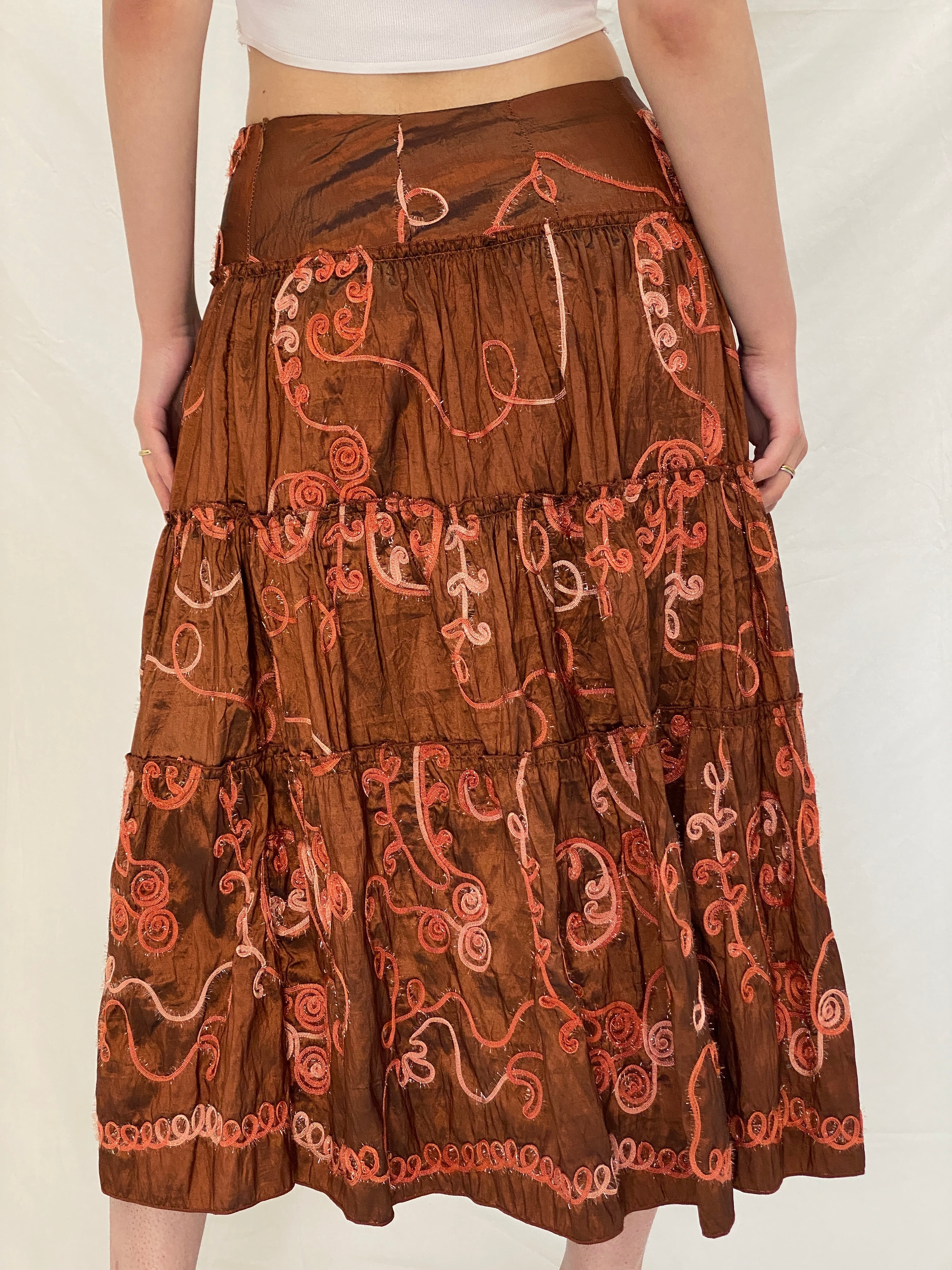 Vintage Over 16 Embroidered Metallic Brown Wrap Halter Top & Tiered Midi Skirt Co-ord Set - M