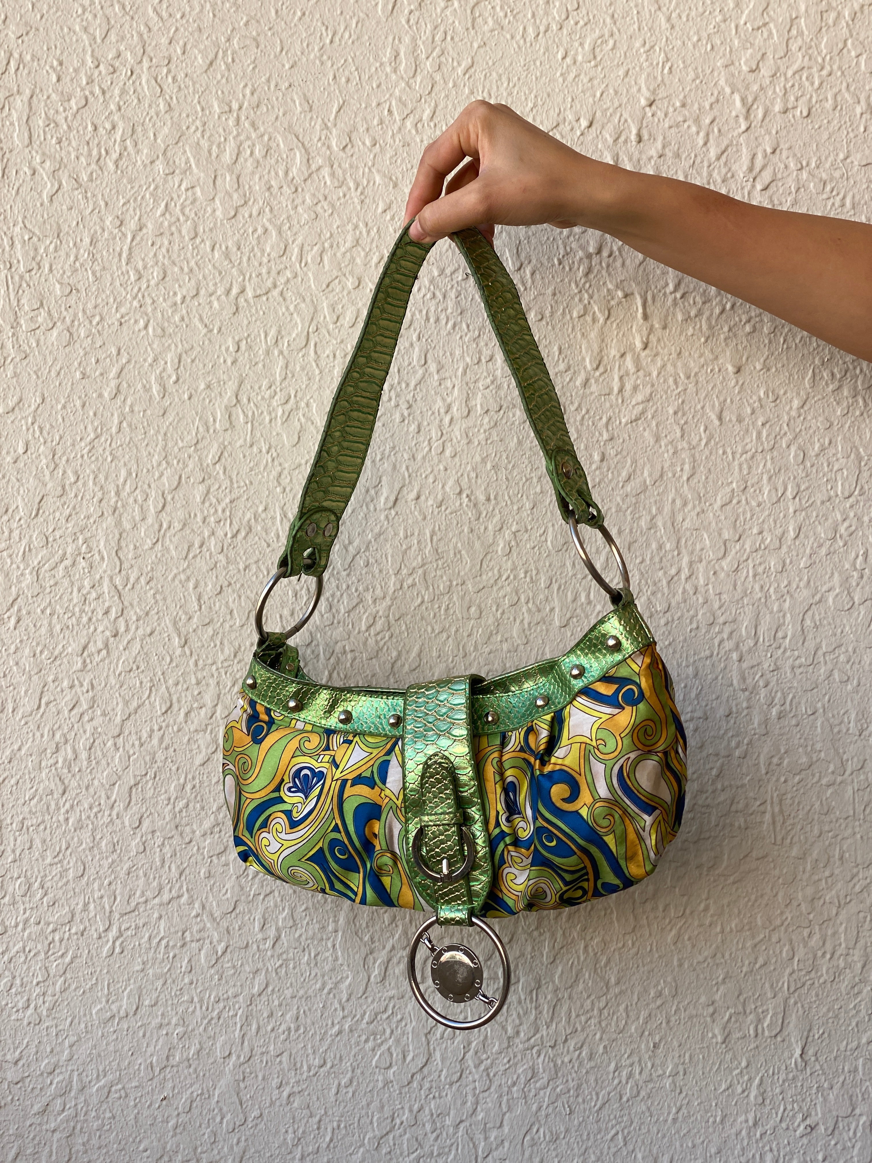 Y2K Groovy Green Snake Print Handle Mini Shoulder Bag