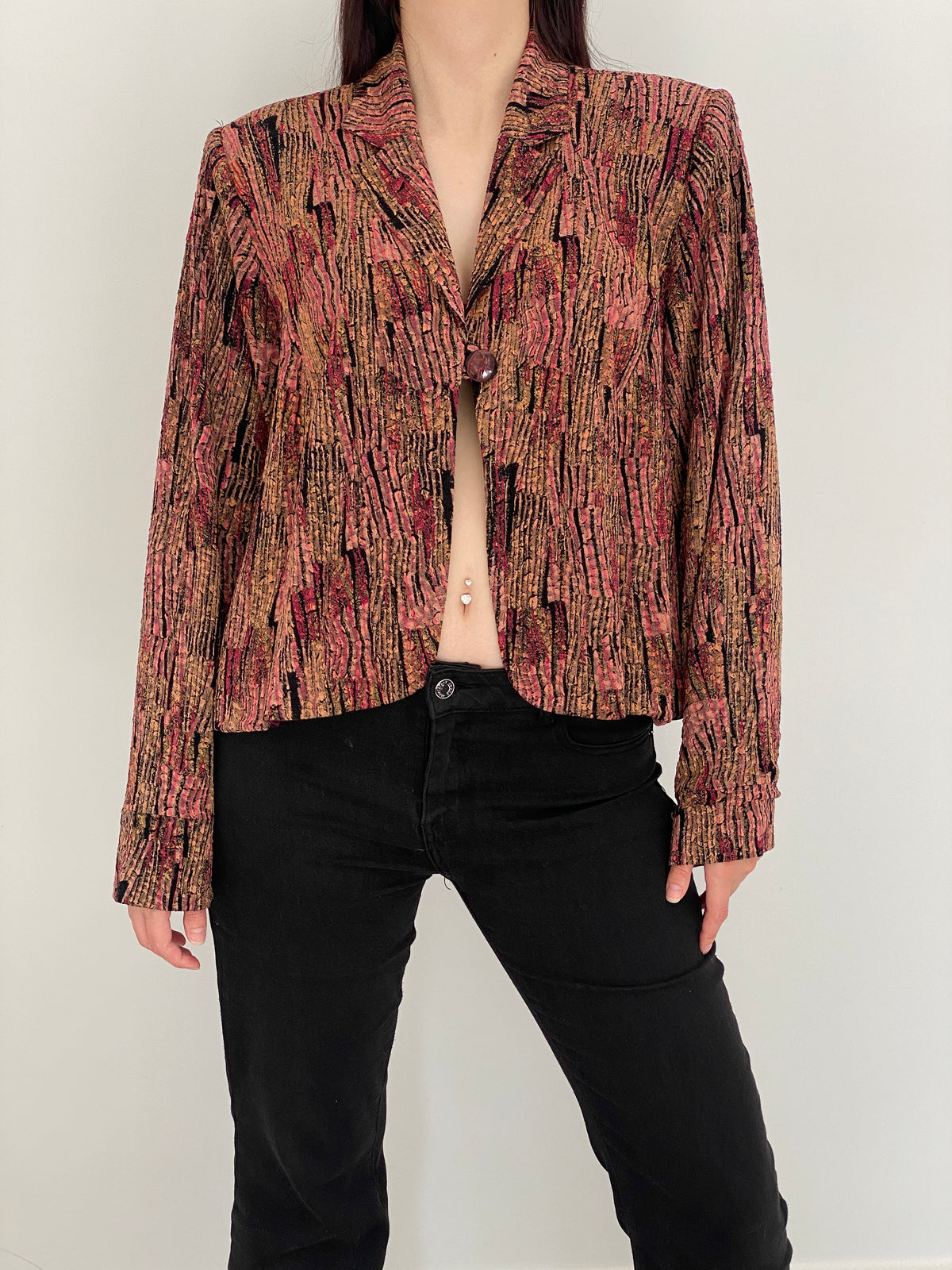 Vintage Pink & Brown Textured Abstract Print Cropped Blazer - L