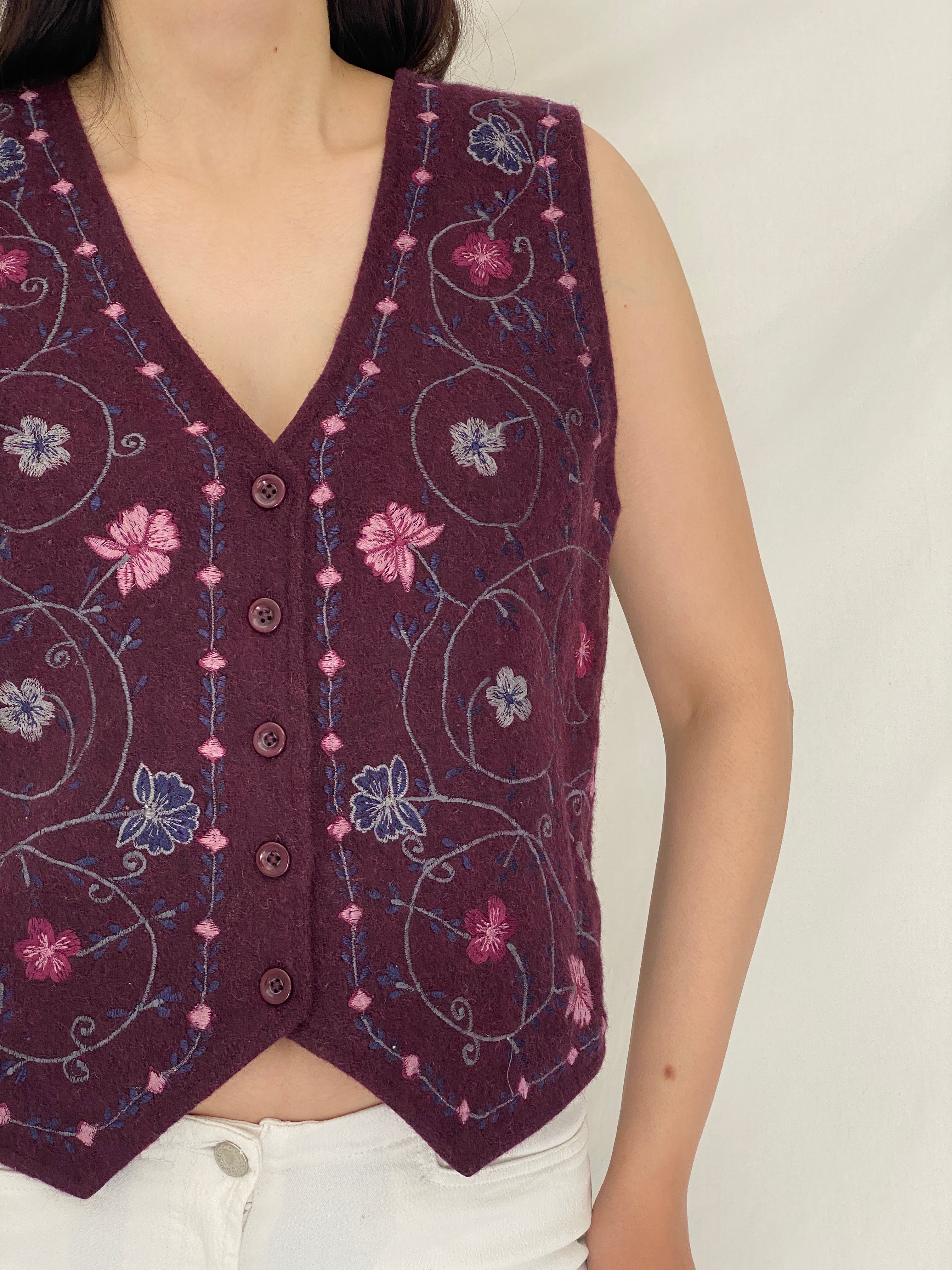 Vintage Y2K NorthCrest Embroidered Floral Wool Blend Vest Cottagecore Waistcoat – S