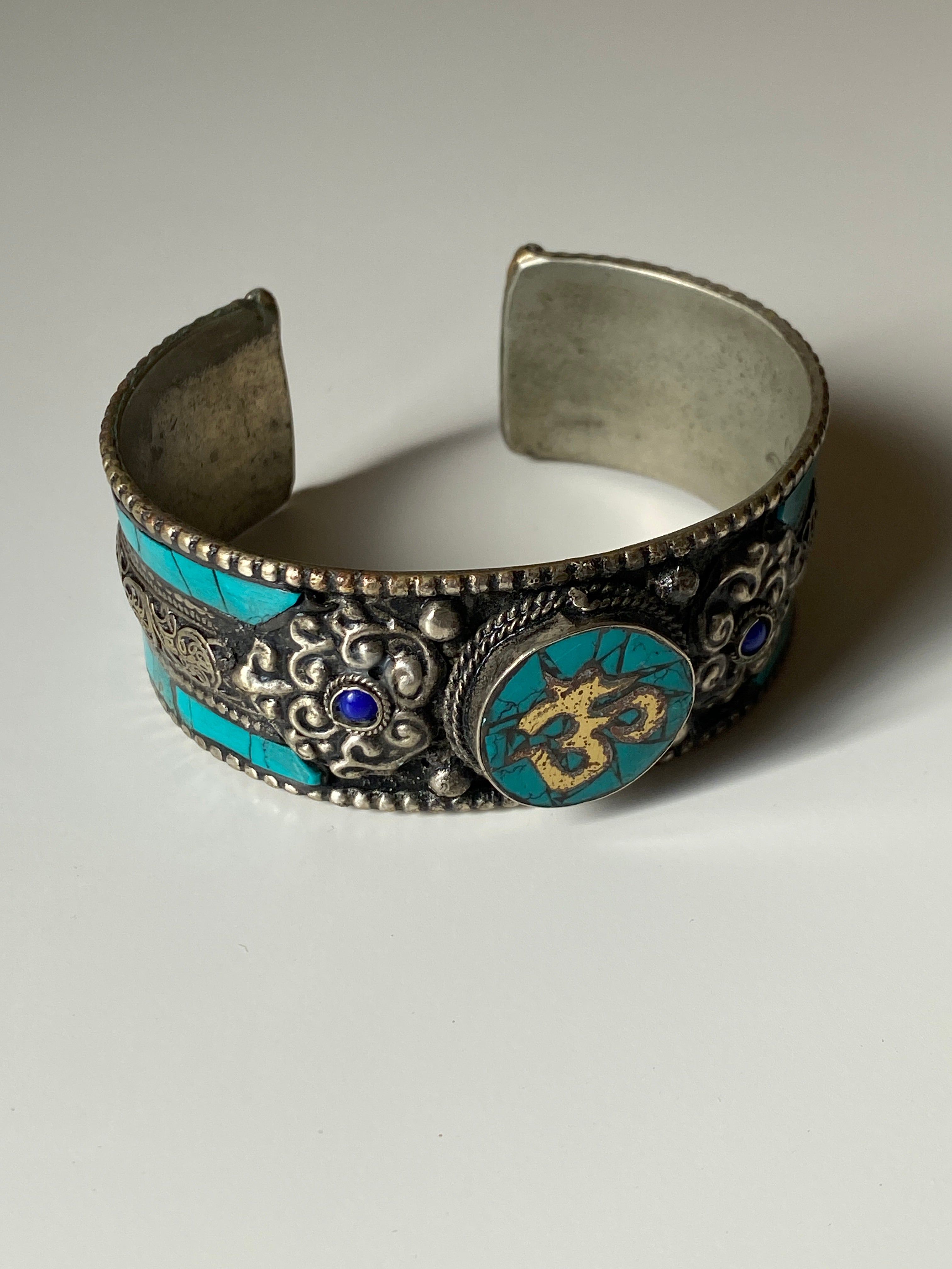 Vintage Tibetan Turquoise Om Cuff Silver Tone Dragon Engraved Bracelet