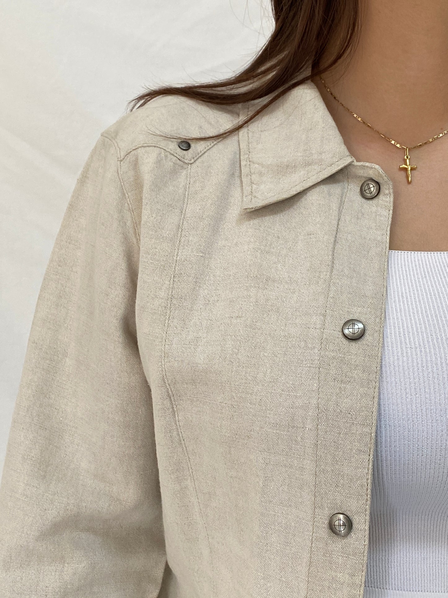 Vintage Y2K Zaffiri Beige Linen Blend Lace-Up Back Western Shirt - L