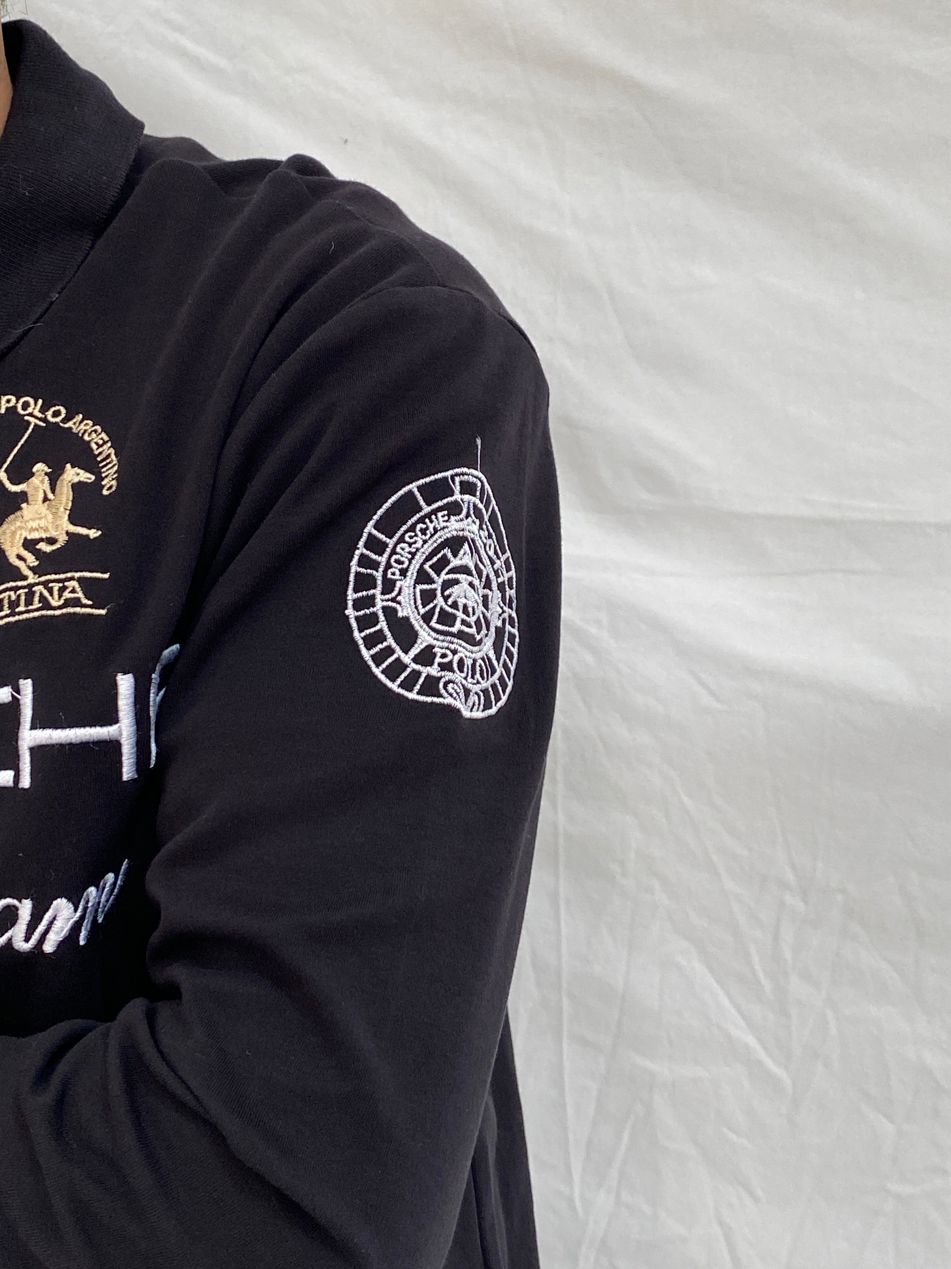 Vintage La Martina Porsche Team Rugby Top Polo Black Racing Shirt - L