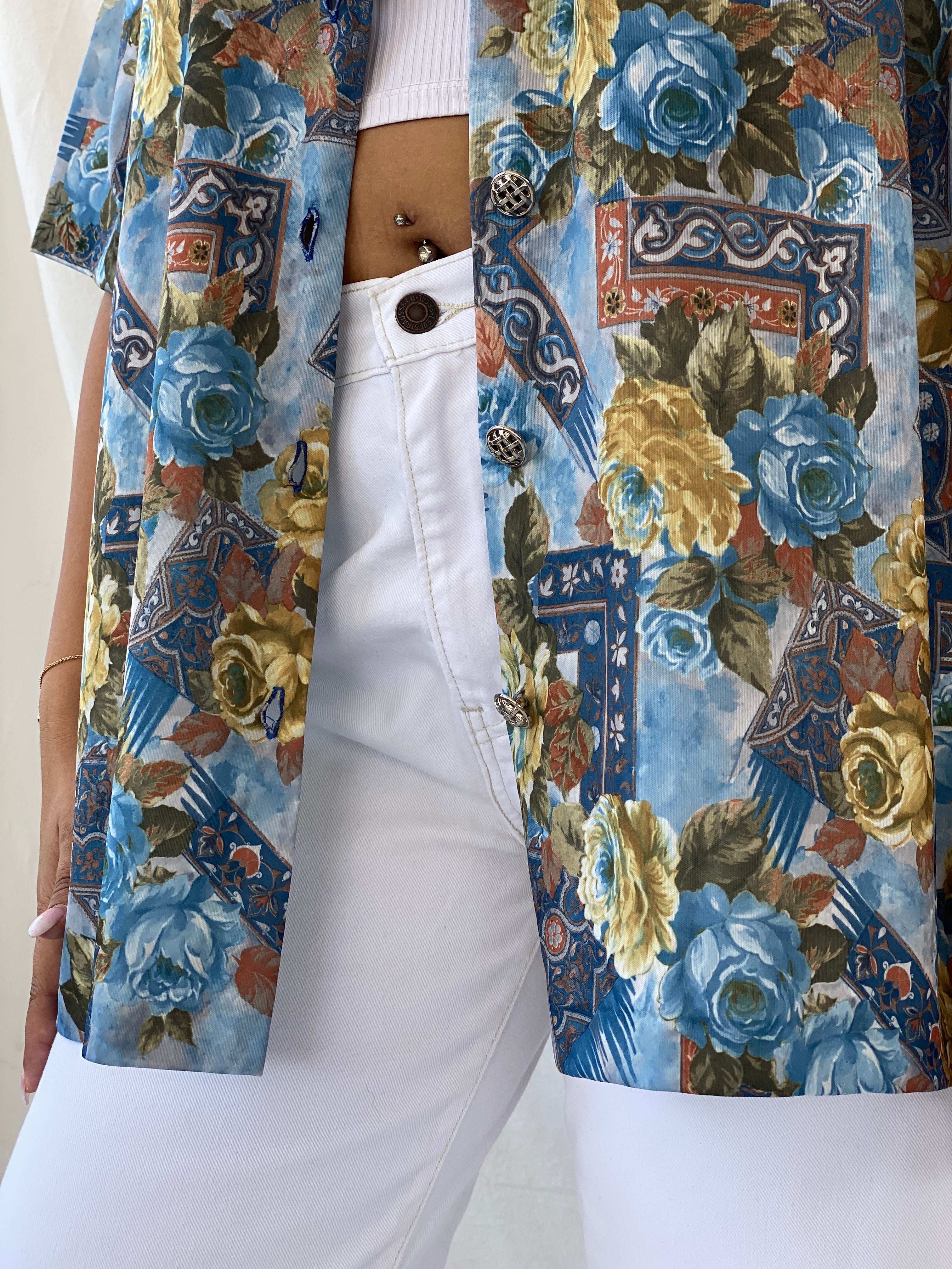 Vintage Blue Floral Print Half-Sleeve Oversized Shirt - XL