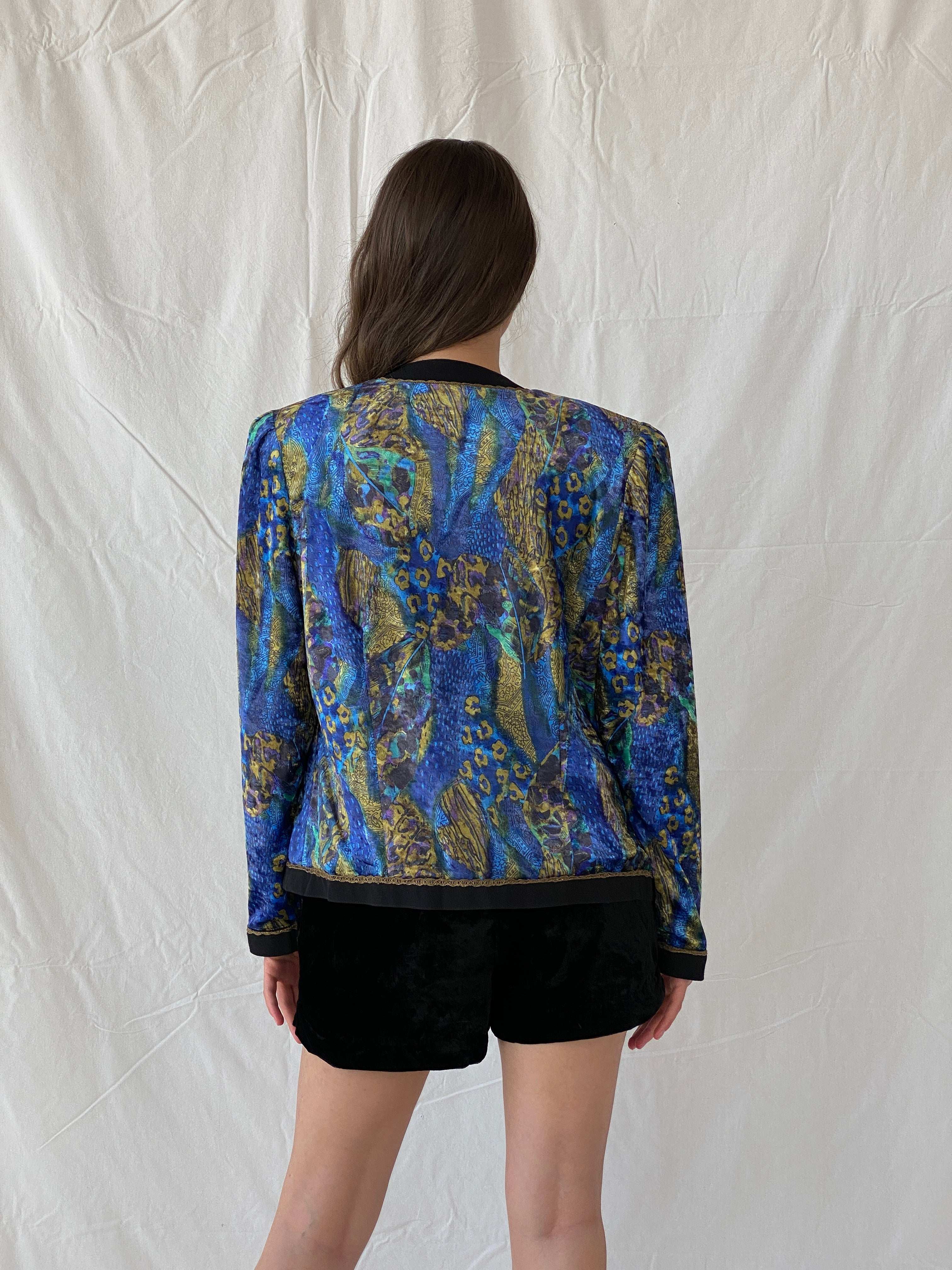 Statement Vintage Paisley Print Velvet Button Front Blazer - L