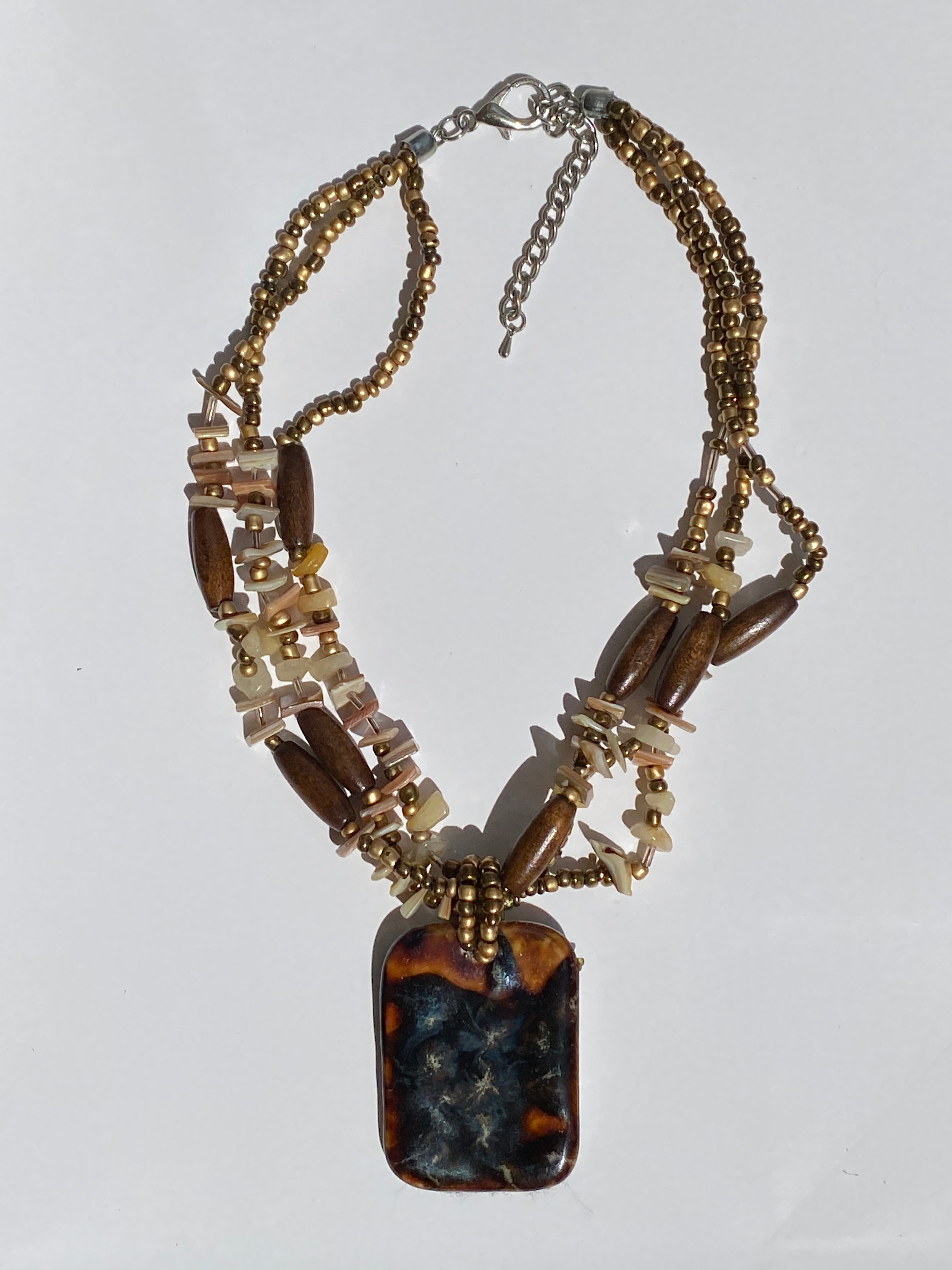 Vintage Boho Wood Shell Faux Tortoiseshell Pendant Necklace