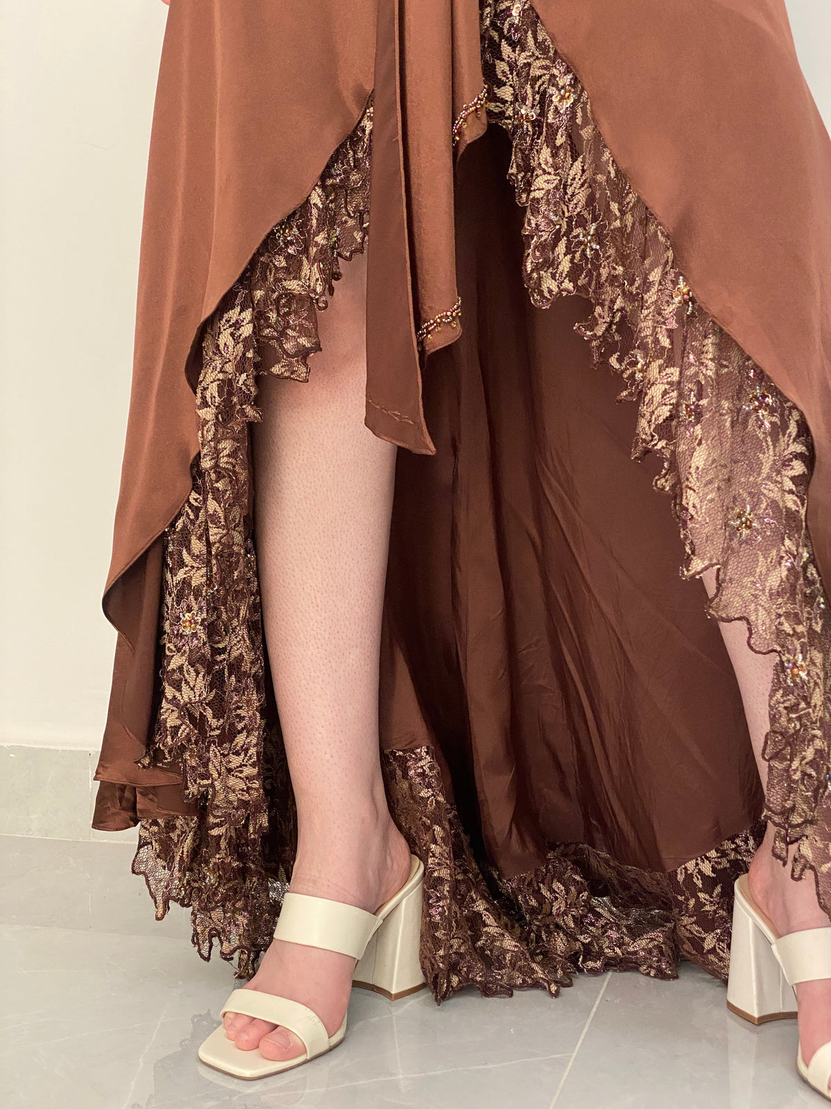 Vintage Party Time Brown Beaded Lace Strapless Formal Gown – M