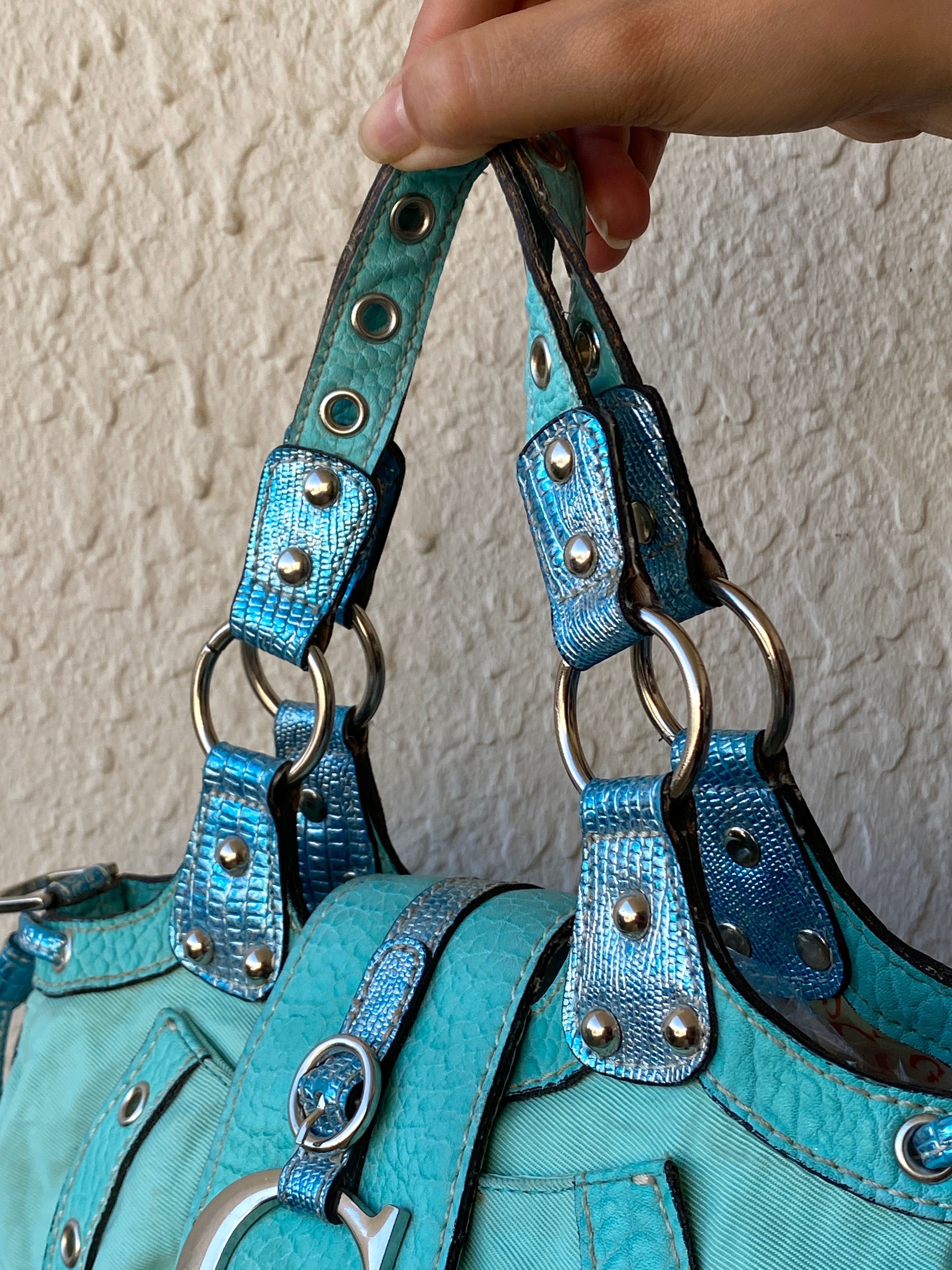 Vintage Y2K Guess Turquoise Satchel Bag with Logo G Hardware & Studded Trim Purse