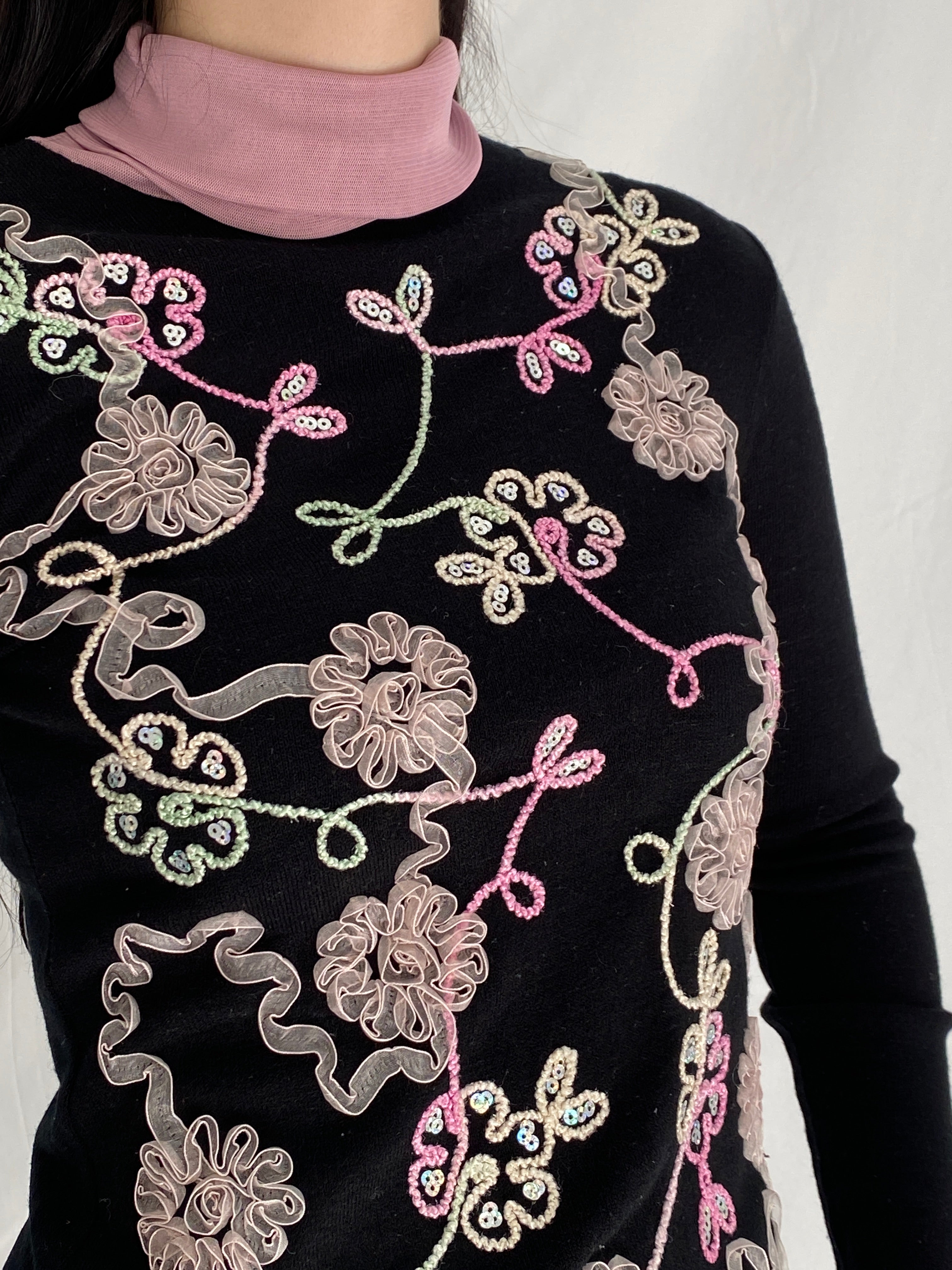 Vintage Black Floral Embroidered Pink 90s High Neck Top - S