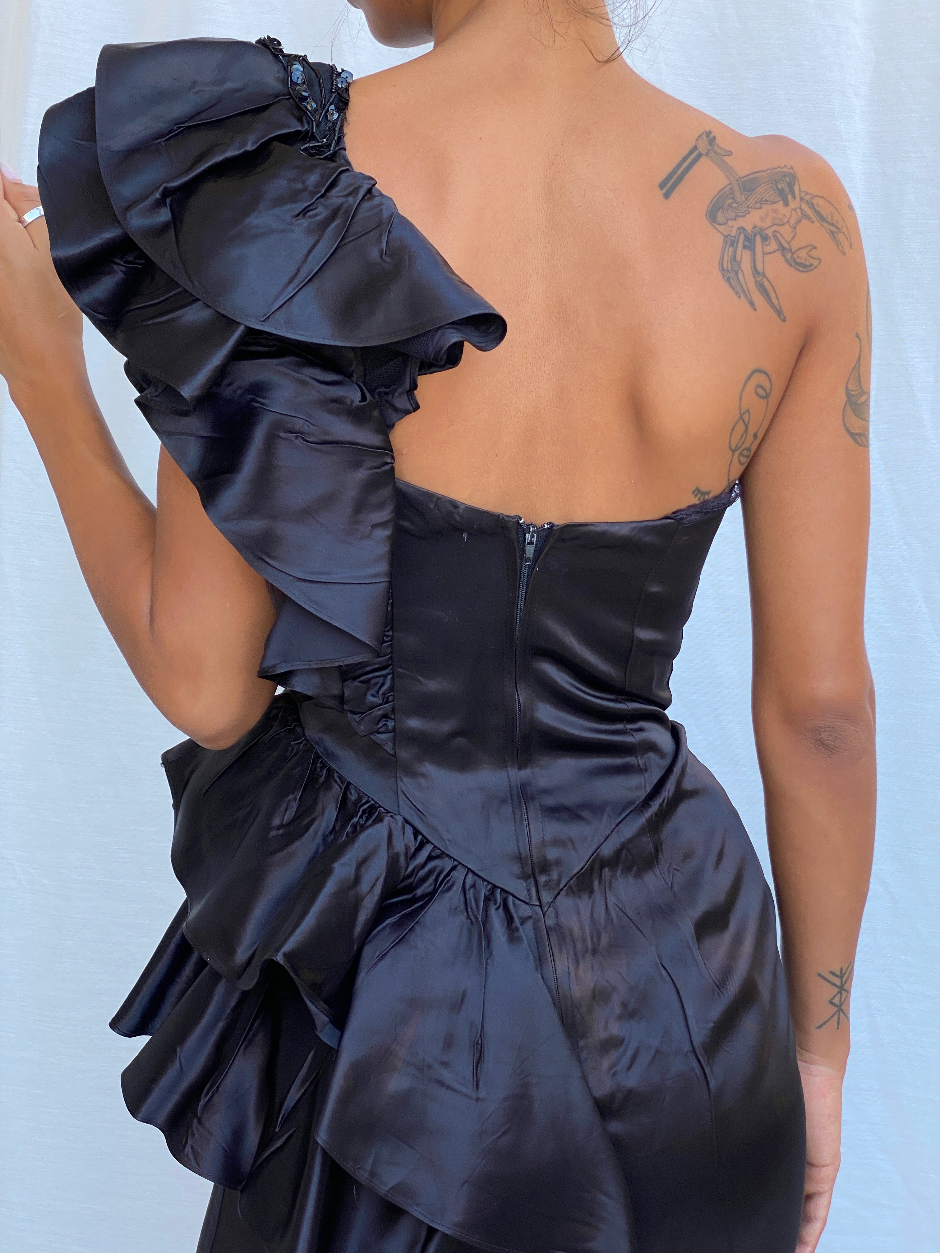 Vintage 80s Climax Karen Okada for David Howard Black Acetate One-Shoulder Beaded Ruffle Cocktail Dress - XS