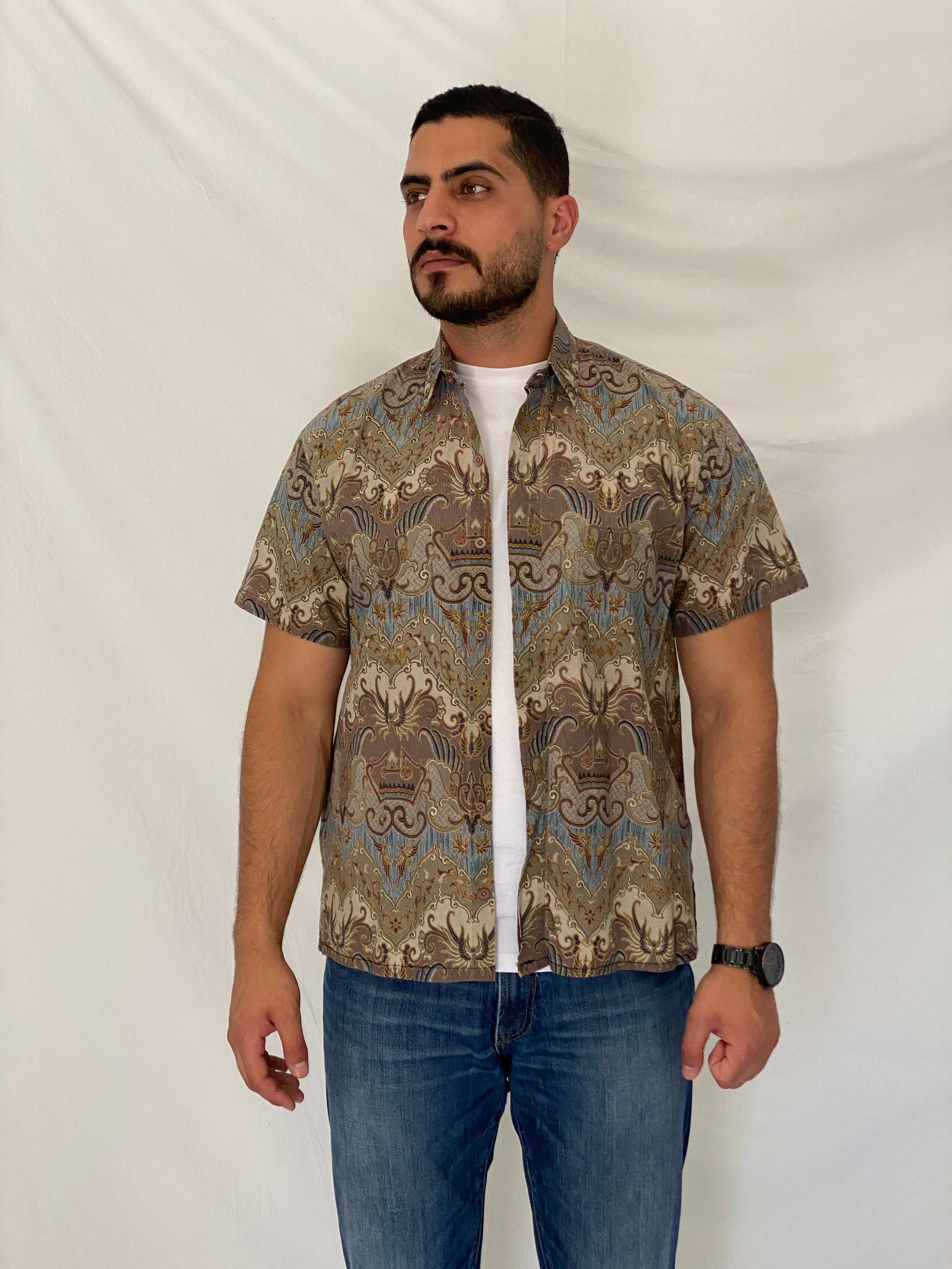 Vintage 90s Baroque Paisley Print Short Sleeve Cotton Button-Up Shirt – XL