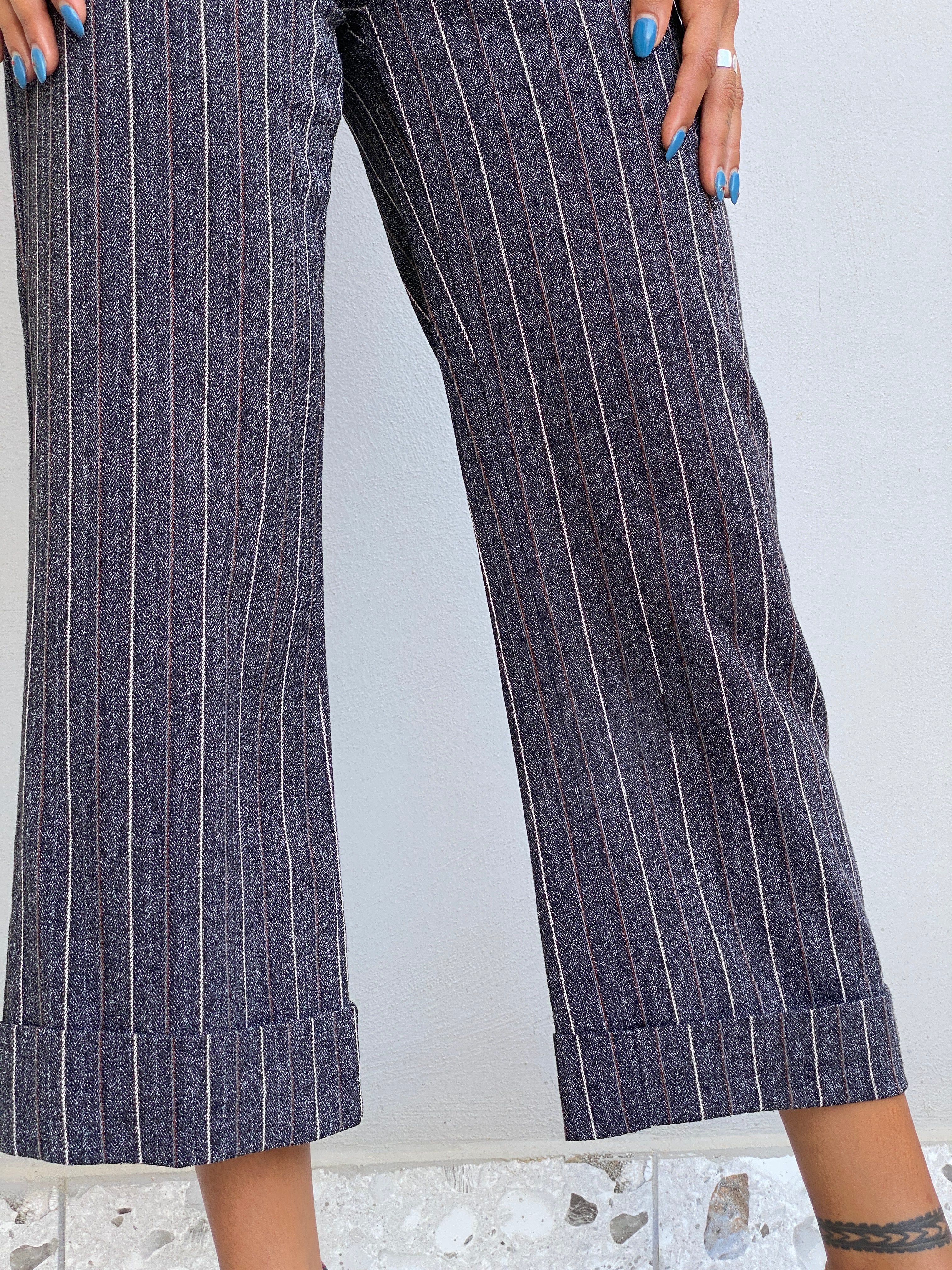 Vintage Y2K Grey Pinstripe Cropped Wide Leg Trousers Low Rise Office Siren Pants - S